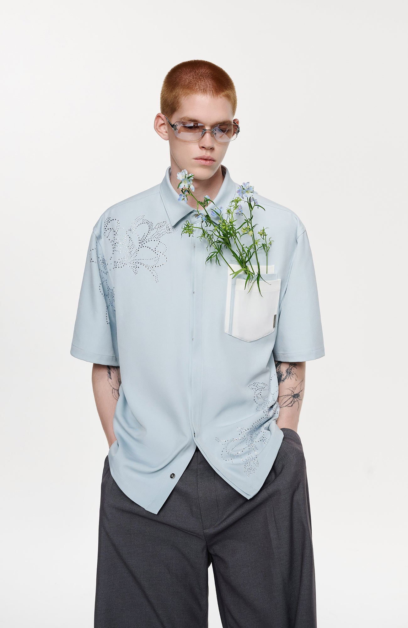 TIWILLTANG Floral Diamond Layered Pocket Half Shirt
