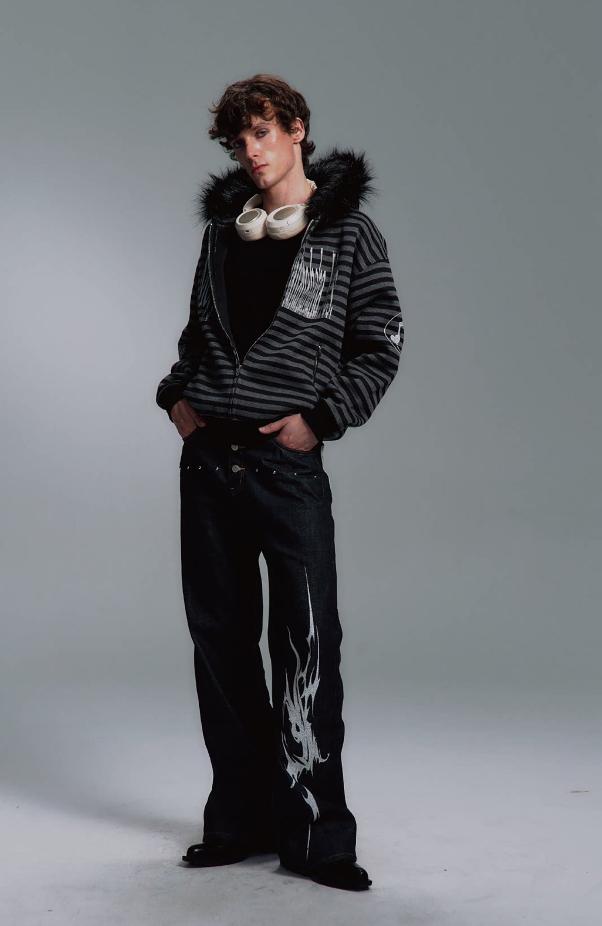 PAIKI Striped Ribbed Hooded Cardigan Sweater