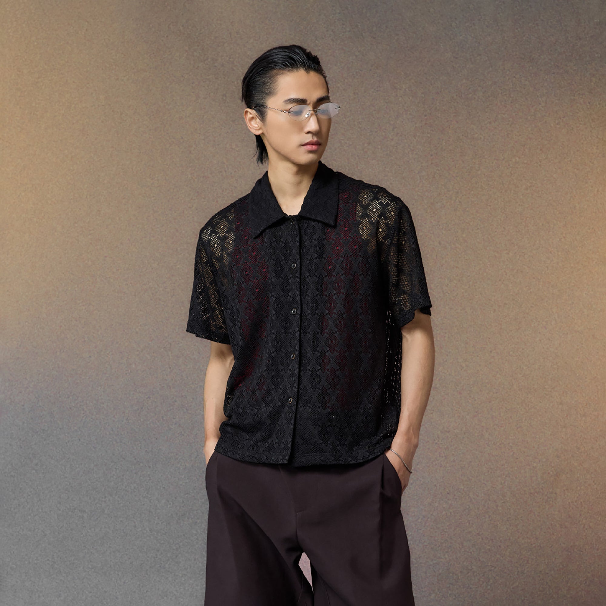 ALVNG AR ANTS Open-Knit Diamond Panel Short-Sleeve Shirt, premium urban and streetwear designers apparel on PROJECTISR.com, ALVNG AR ANTS