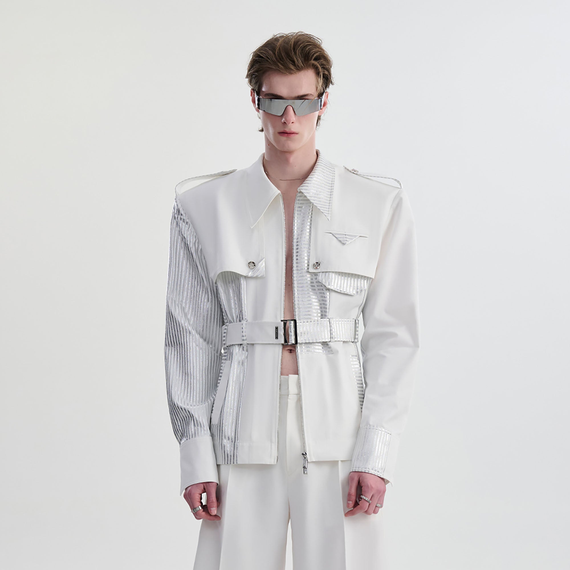 TIWILLTANG Contrast Deconstructed Belted Zip-Up Shirt