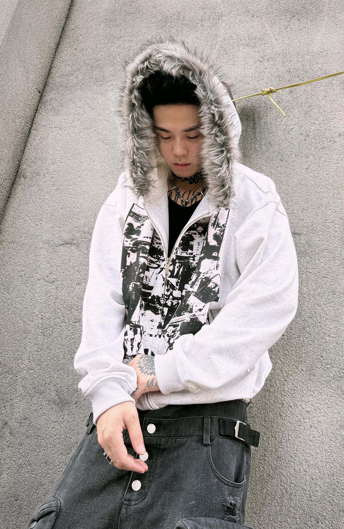 PAIKI Retro Band Graphic Faux Fur Collar Zip-Up Hoodie