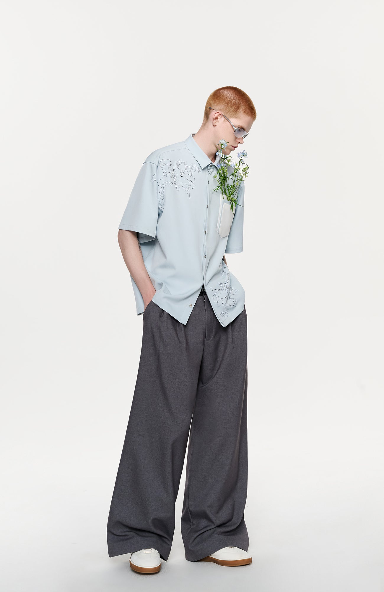 TIWILLTANG Floral Diamond Layered Pocket Half Shirt