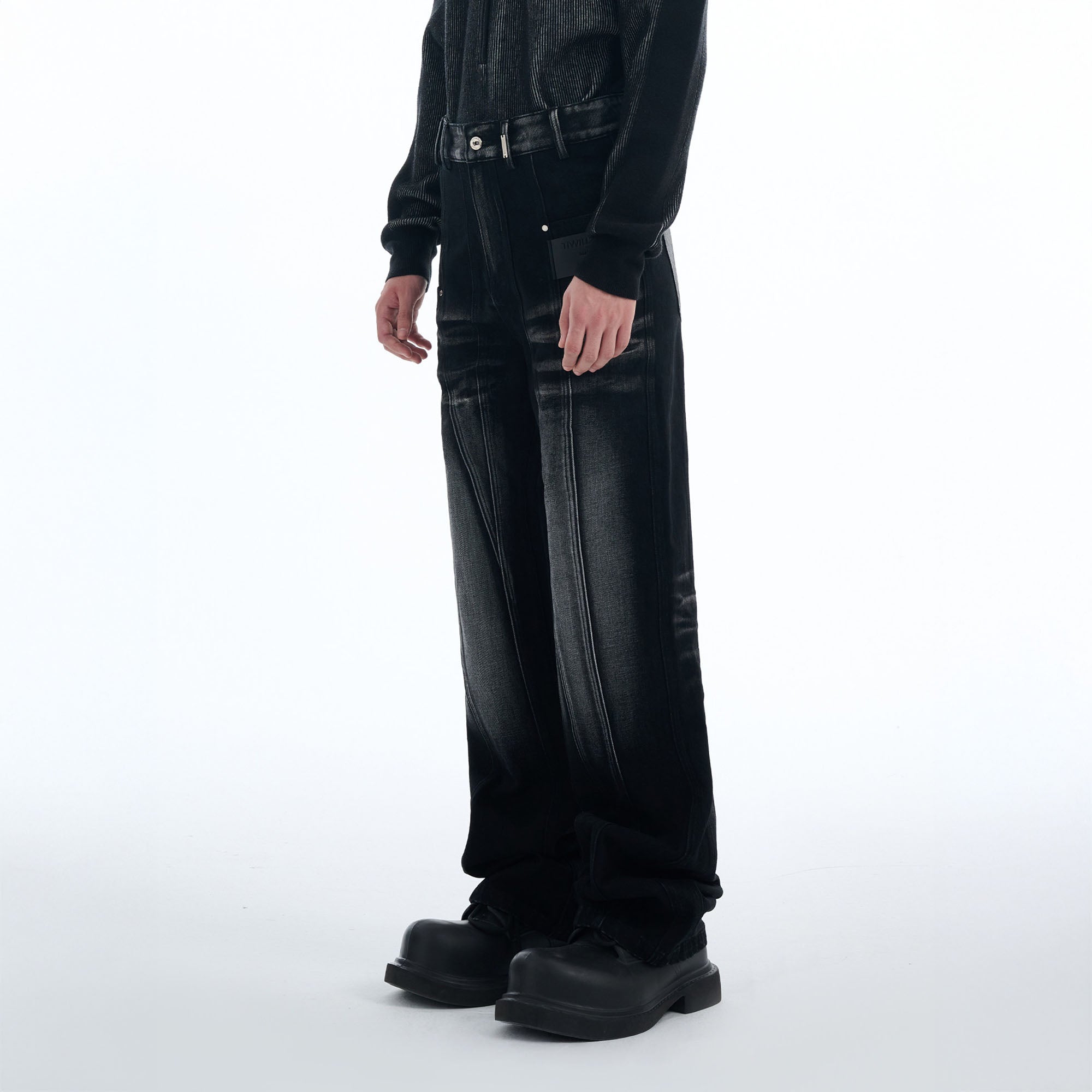 TIWILLTANG Whiskering Washed Panel Straight-Leg Jeans, premium urban and streetwear designers apparel on PROJECTISR.com, TIWILLTANG