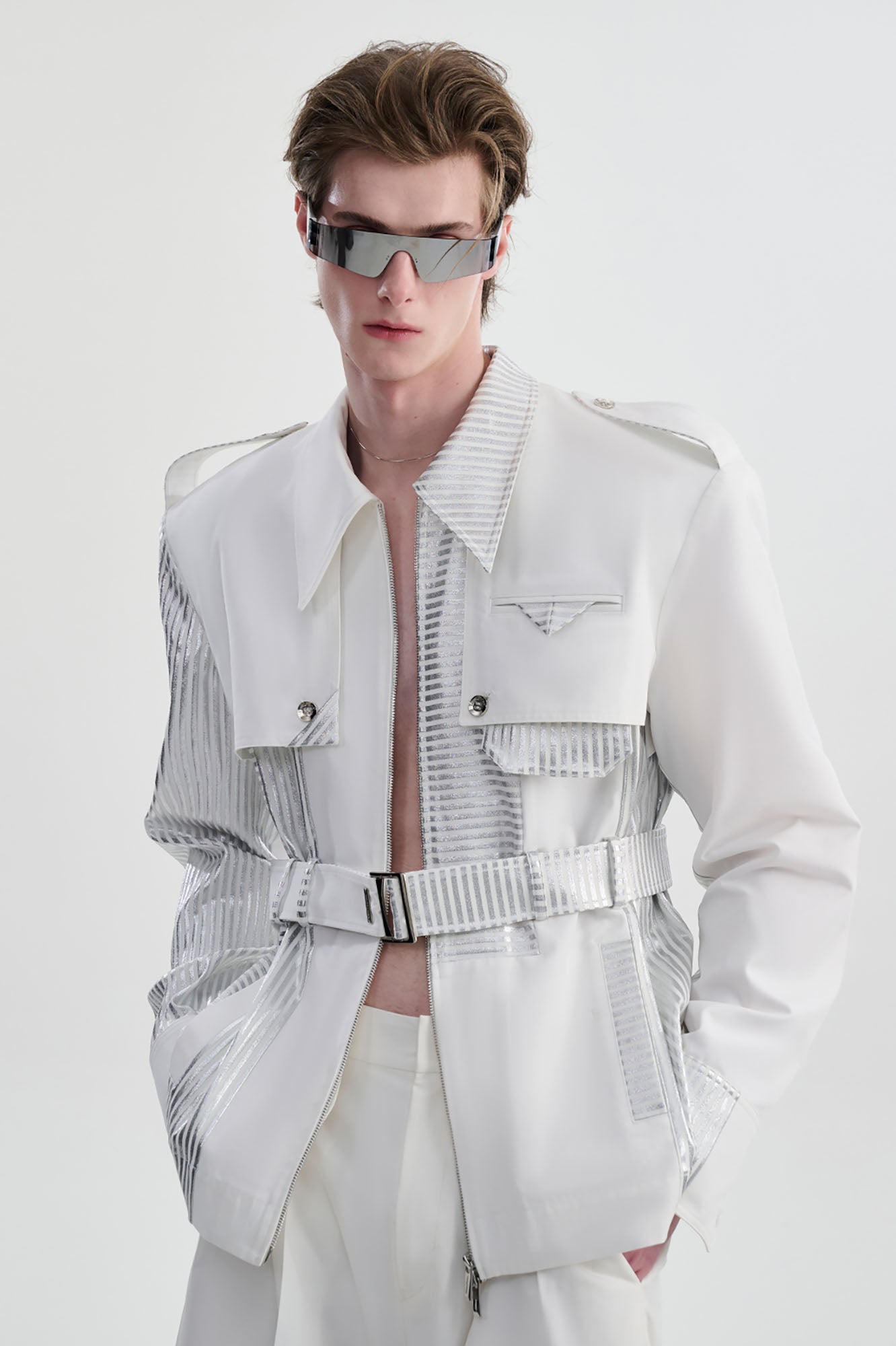 TIWILLTANG Contrast Deconstructed Belted Zip-Up Shirt