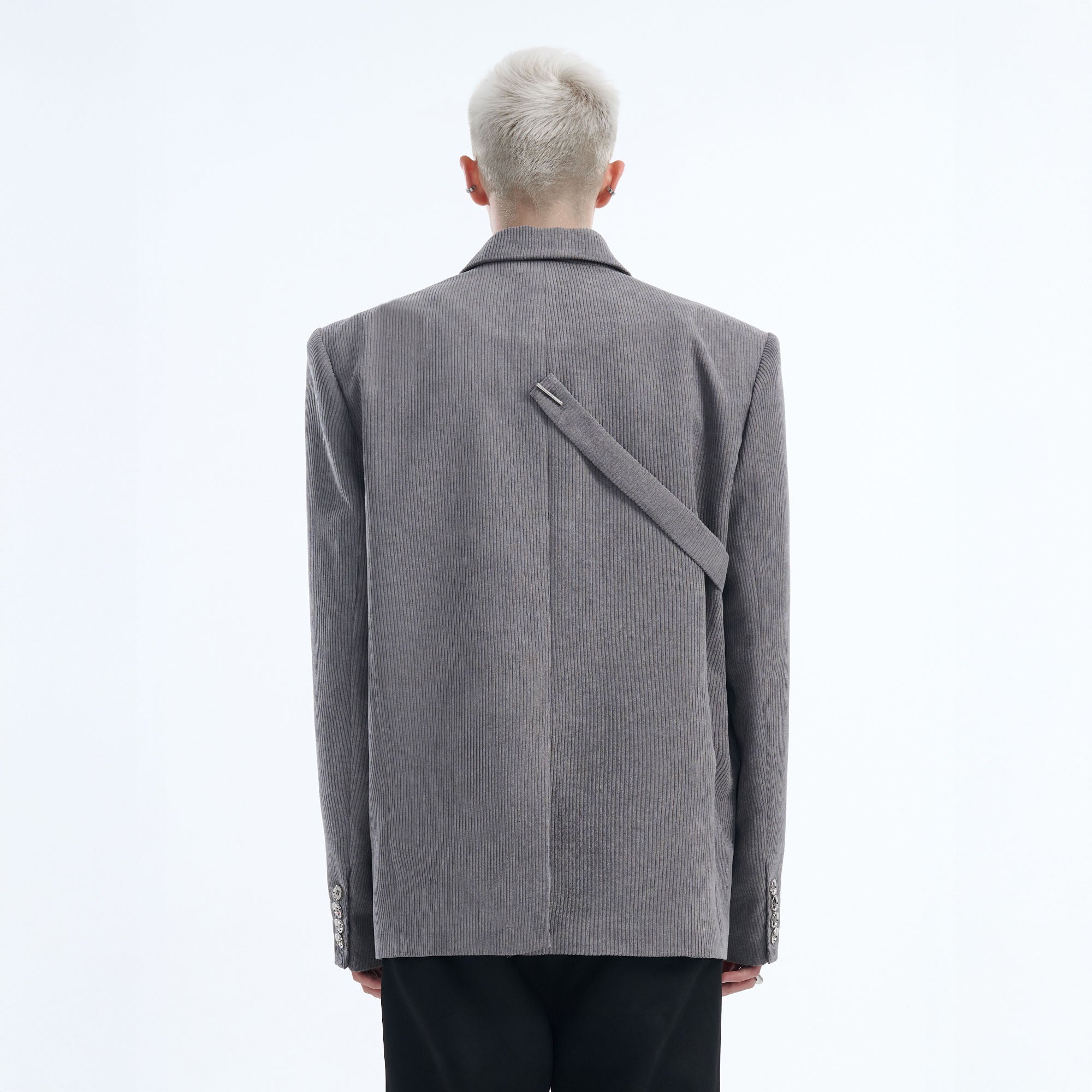 TIWILLTANG Asymmetrical Strap Pearl-Chain Corduroy Blazer