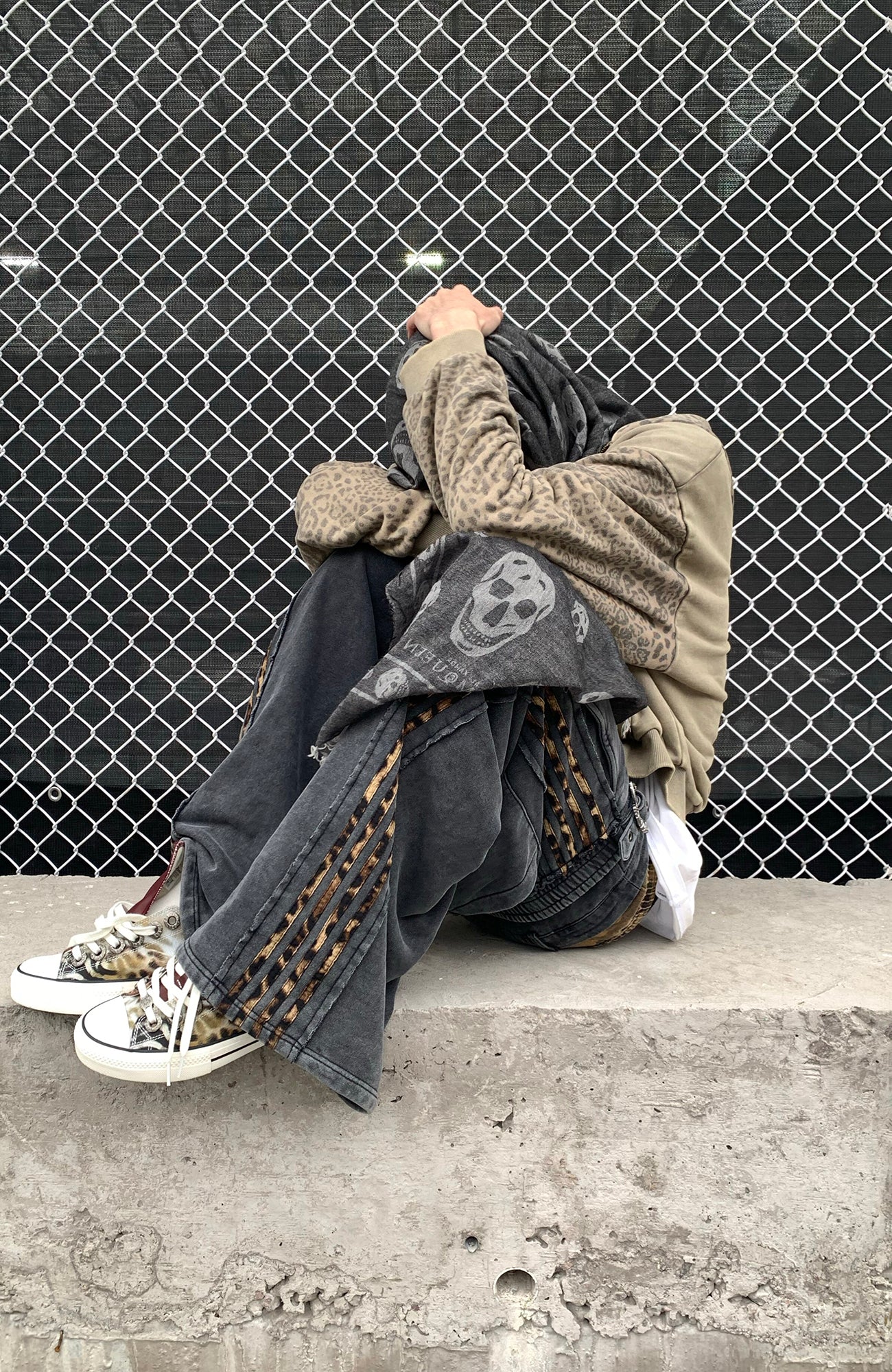 REGEN ZONE Spliced Leopard Camo Striped Sweatpants