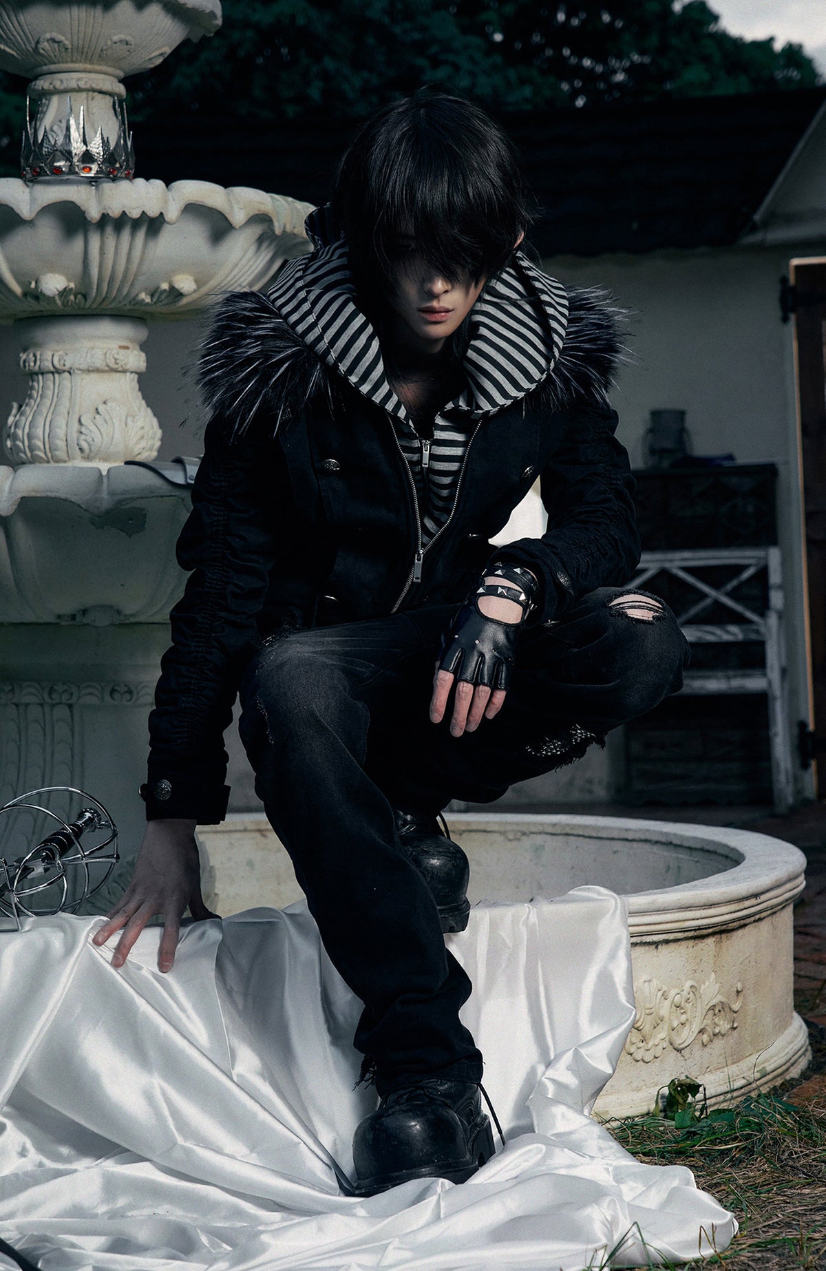 PAIKI Detachable Fur-Collar Canvas Double-Breasted Jacket