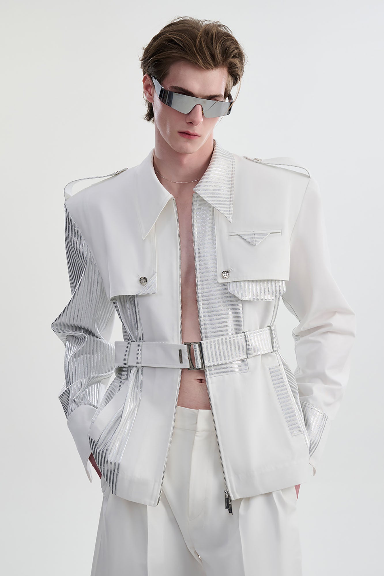 TIWILLTANG Contrast Deconstructed Belted Zip-Up Shirt