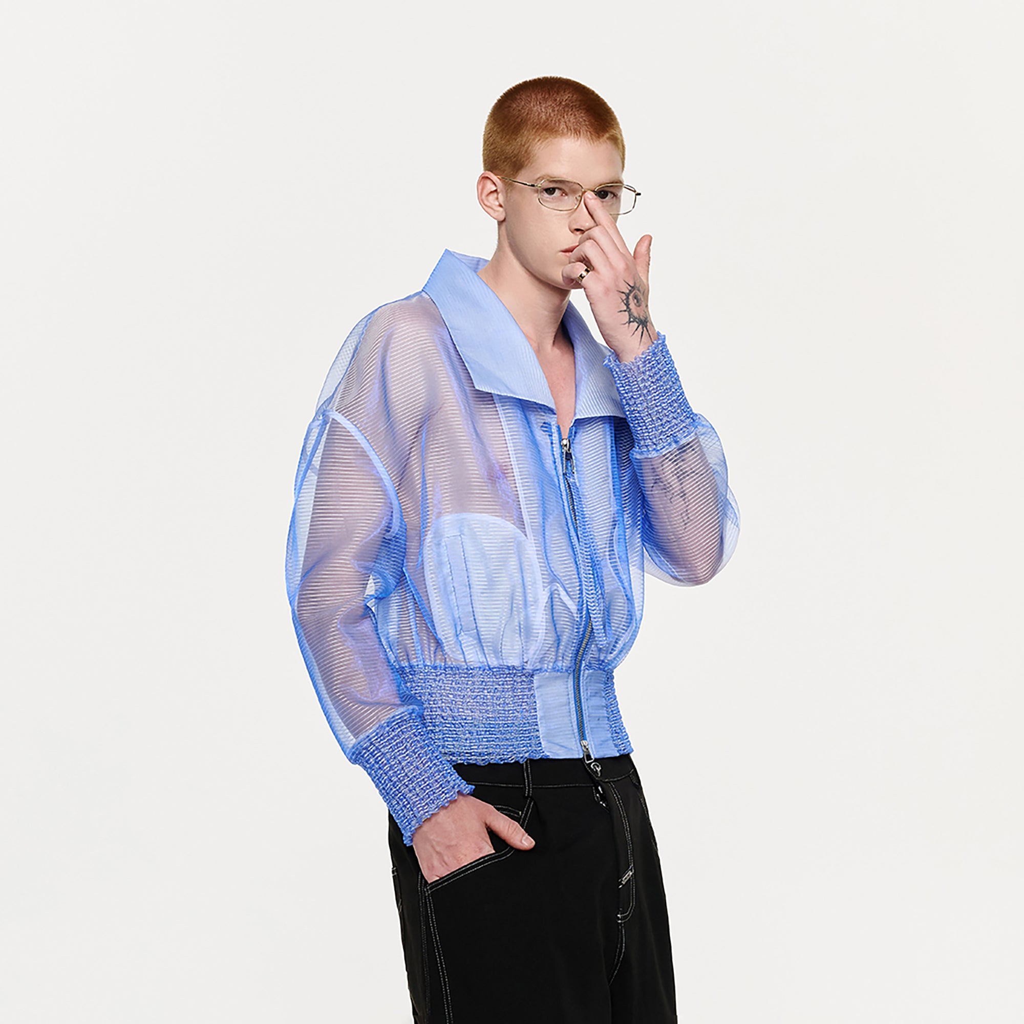TIWILLTANG Sheer Zip-Up Cropped Jacket