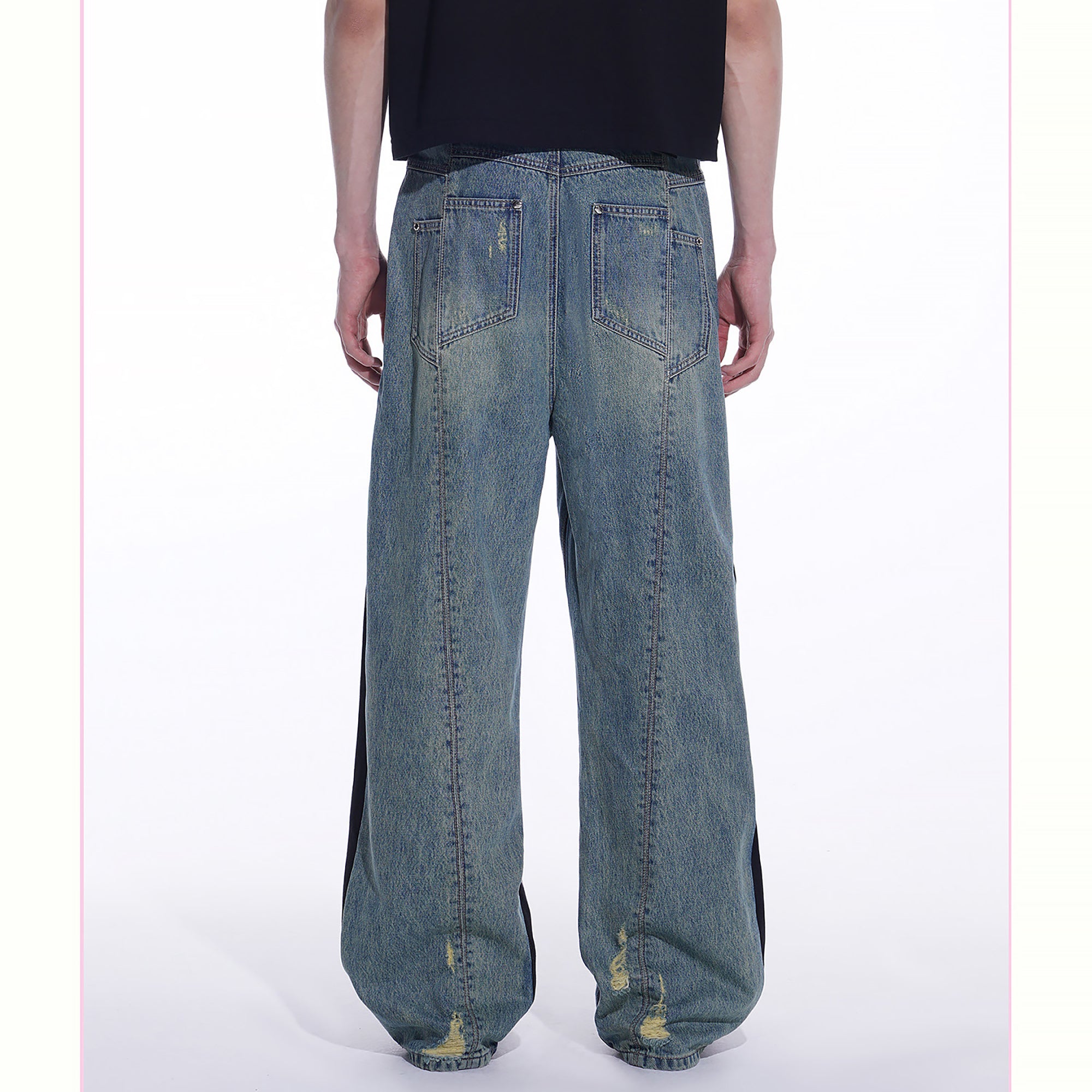 TIWILLTANG Distressed Contrast Paneled Wide-Leg Jeans, premium urban and streetwear designers apparel on PROJECTISR.com, TIWILLTANG