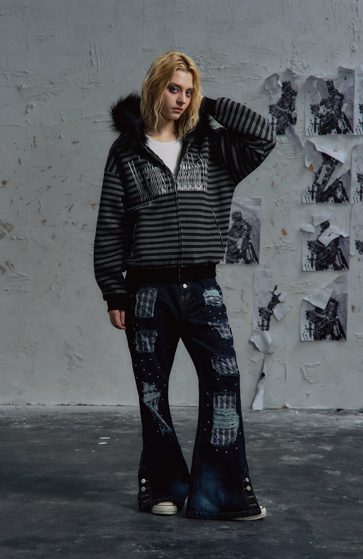 PAIKI Striped Ribbed Hooded Cardigan Sweater