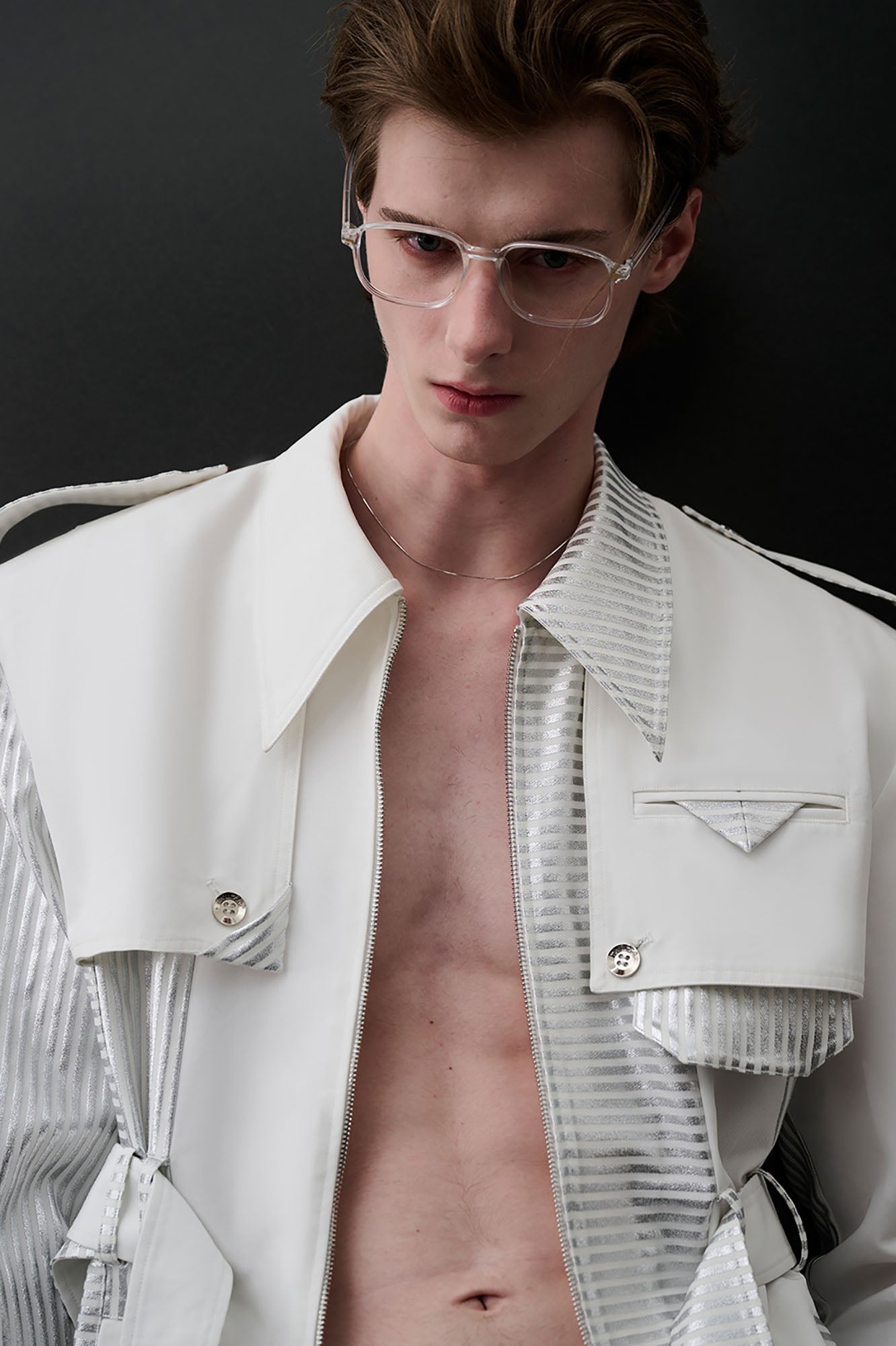 TIWILLTANG Contrast Deconstructed Belted Zip-Up Shirt