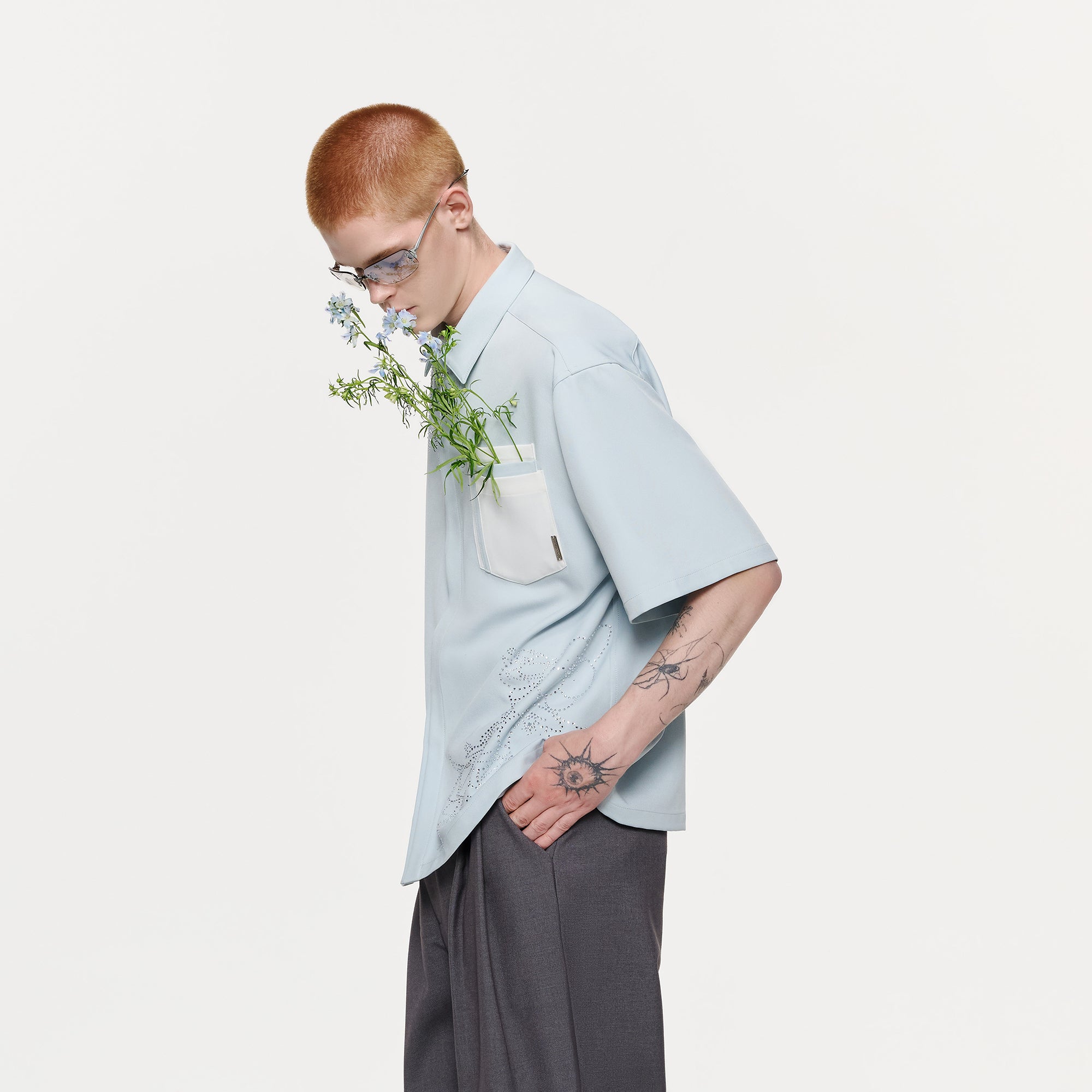 TIWILLTANG Floral Diamond Layered Pocket Half Shirt