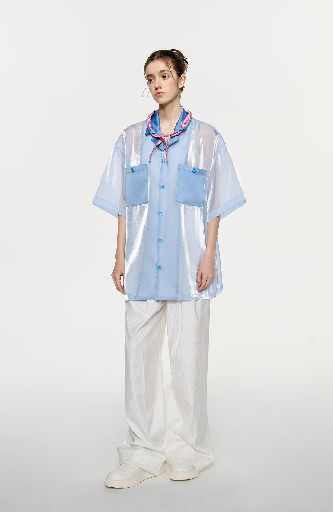 TIWILLTANG Contrast Tie-Neck Sheer Half Shirt