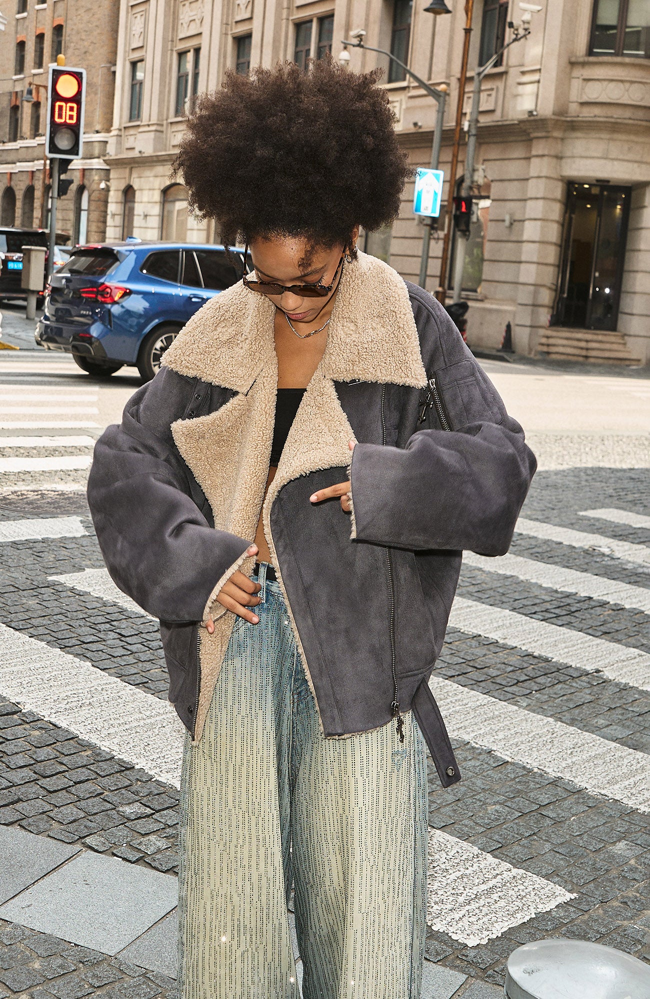 STEEPC Asym Zip Suede Shearling Jacket