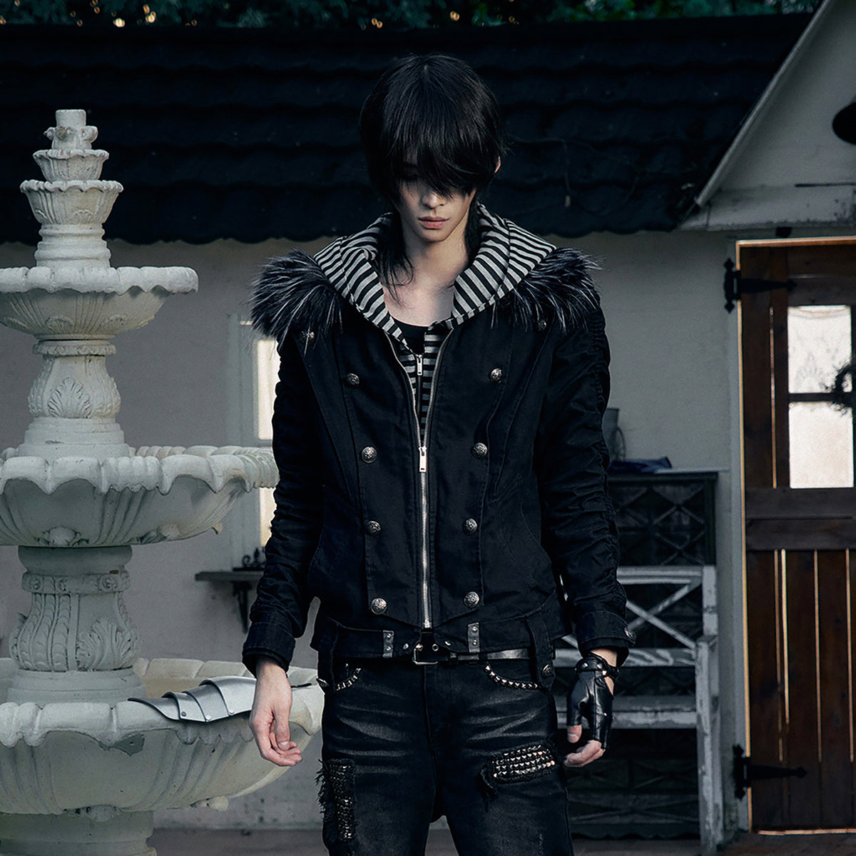 PAIKI Detachable Fur-Collar Canvas Double-Breasted Jacket