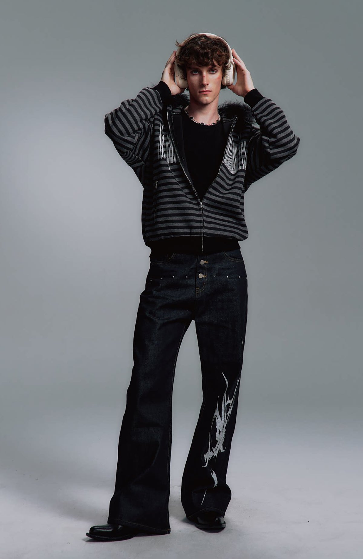 PAIKI Striped Ribbed Hooded Cardigan Sweater