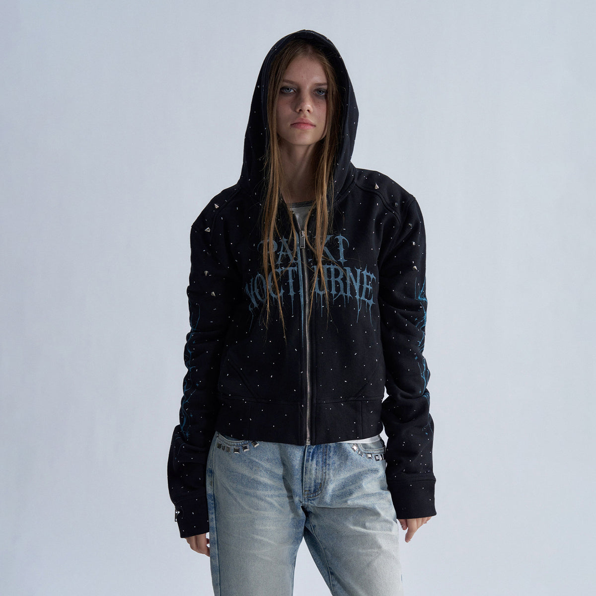 PAIKI Studded Rhinestone Zip-Up Hoodie