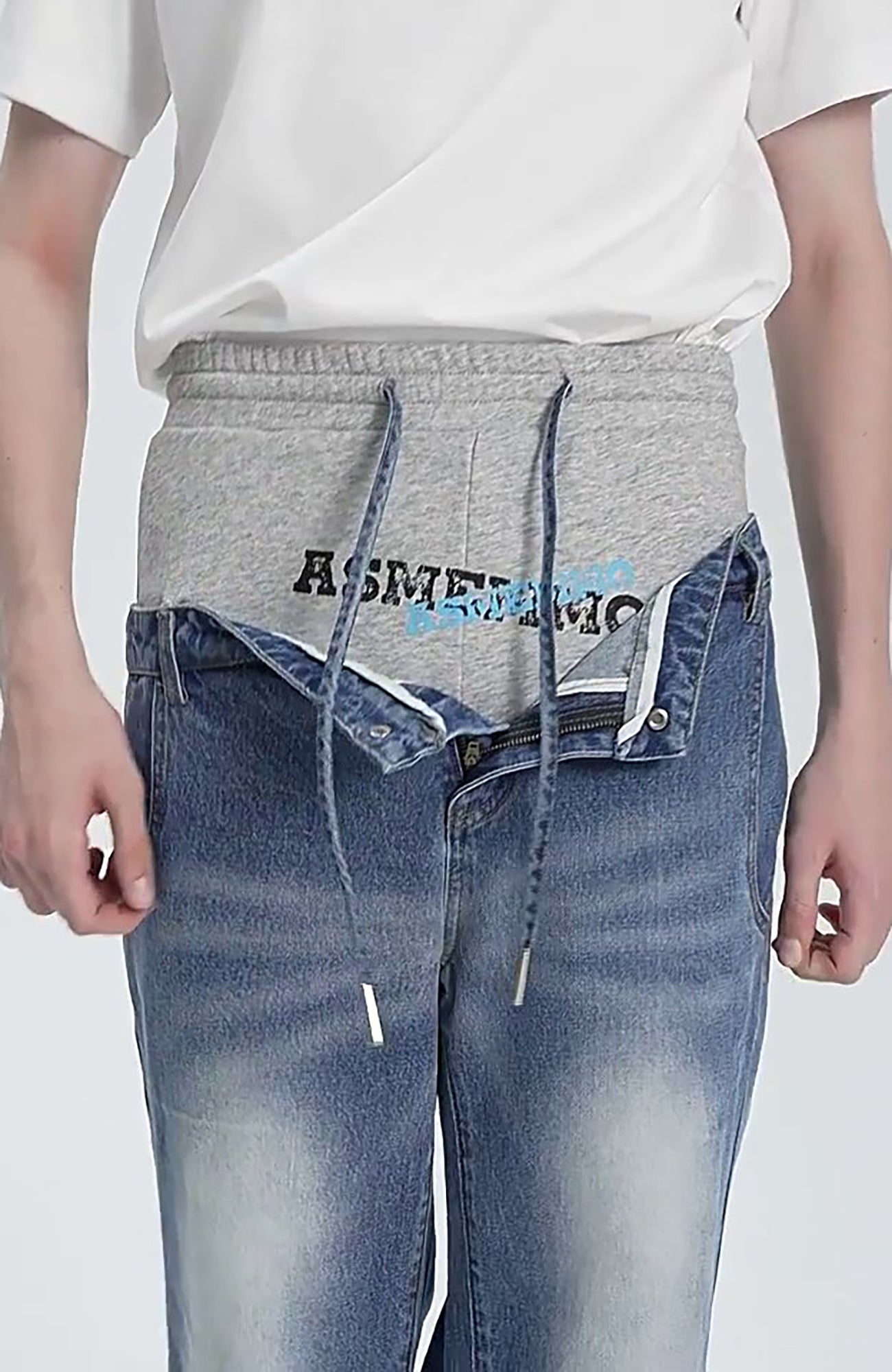 TIWILLTANG Layered Sweatband Washed Denim Pants