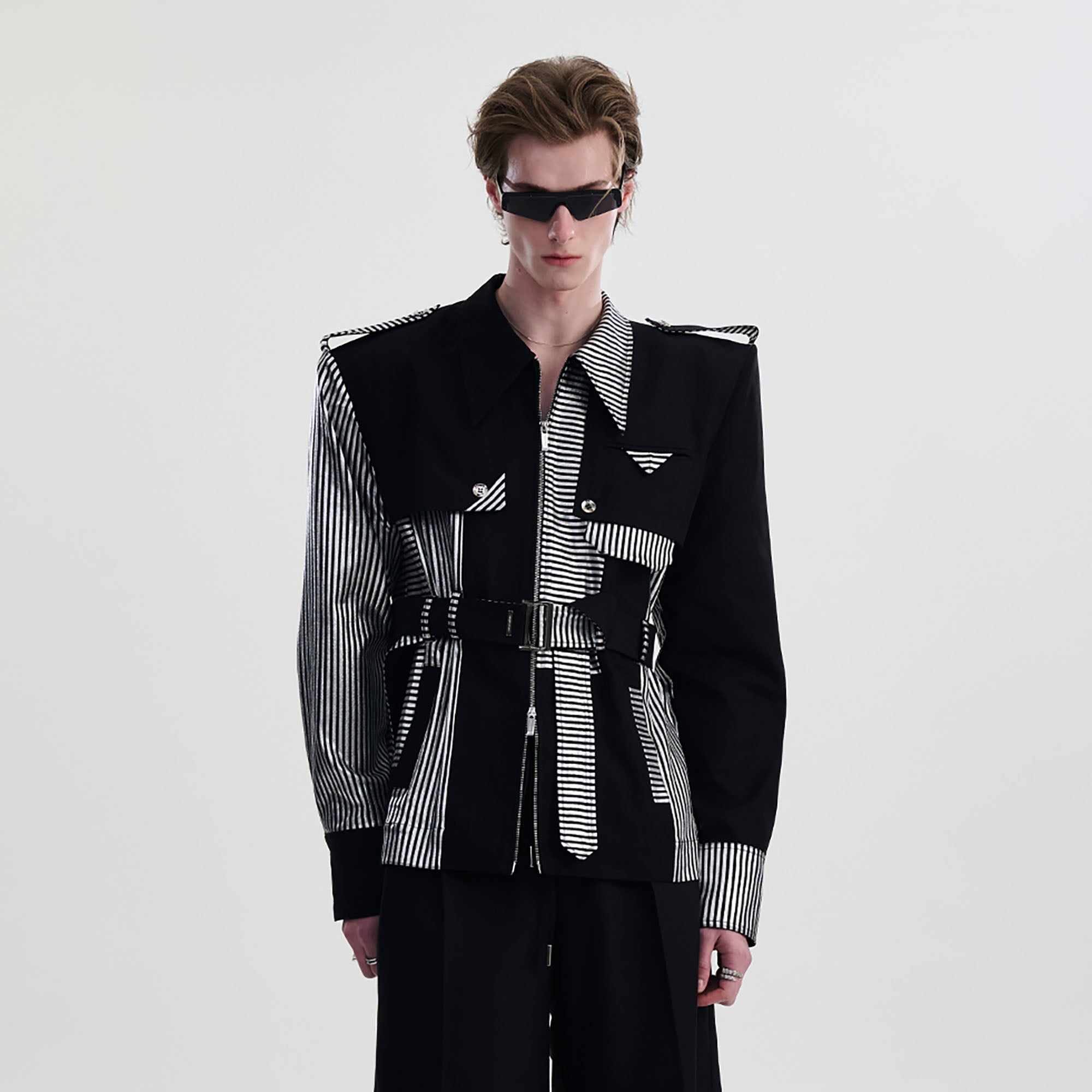 TIWILLTANG Contrast Deconstructed Belted Zip-Up Shirt