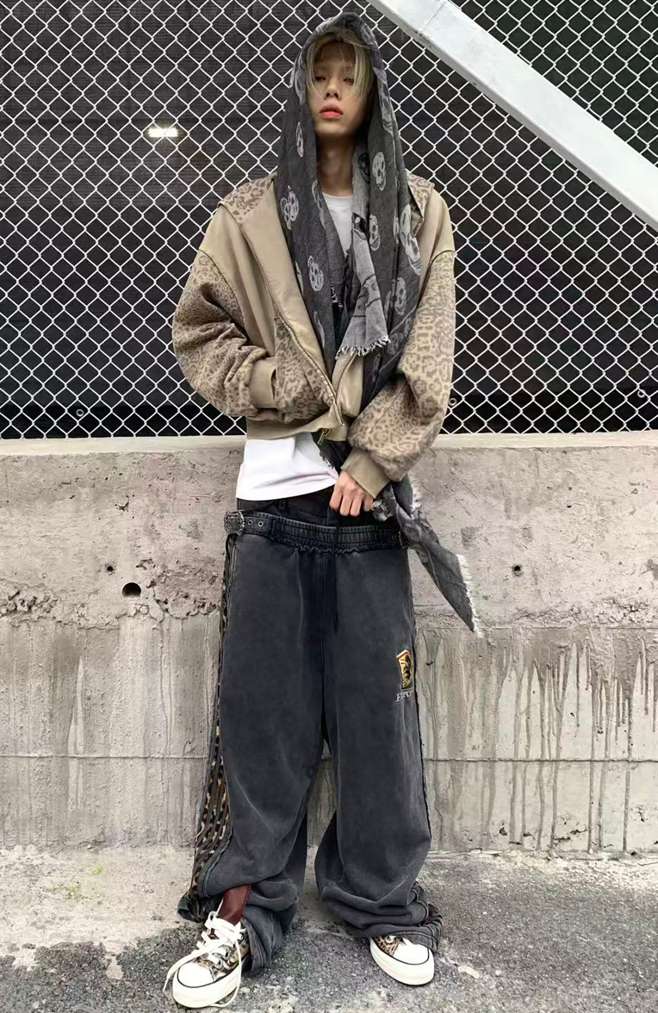 REGEN ZONE Spliced Leopard Camo Striped Sweatpants