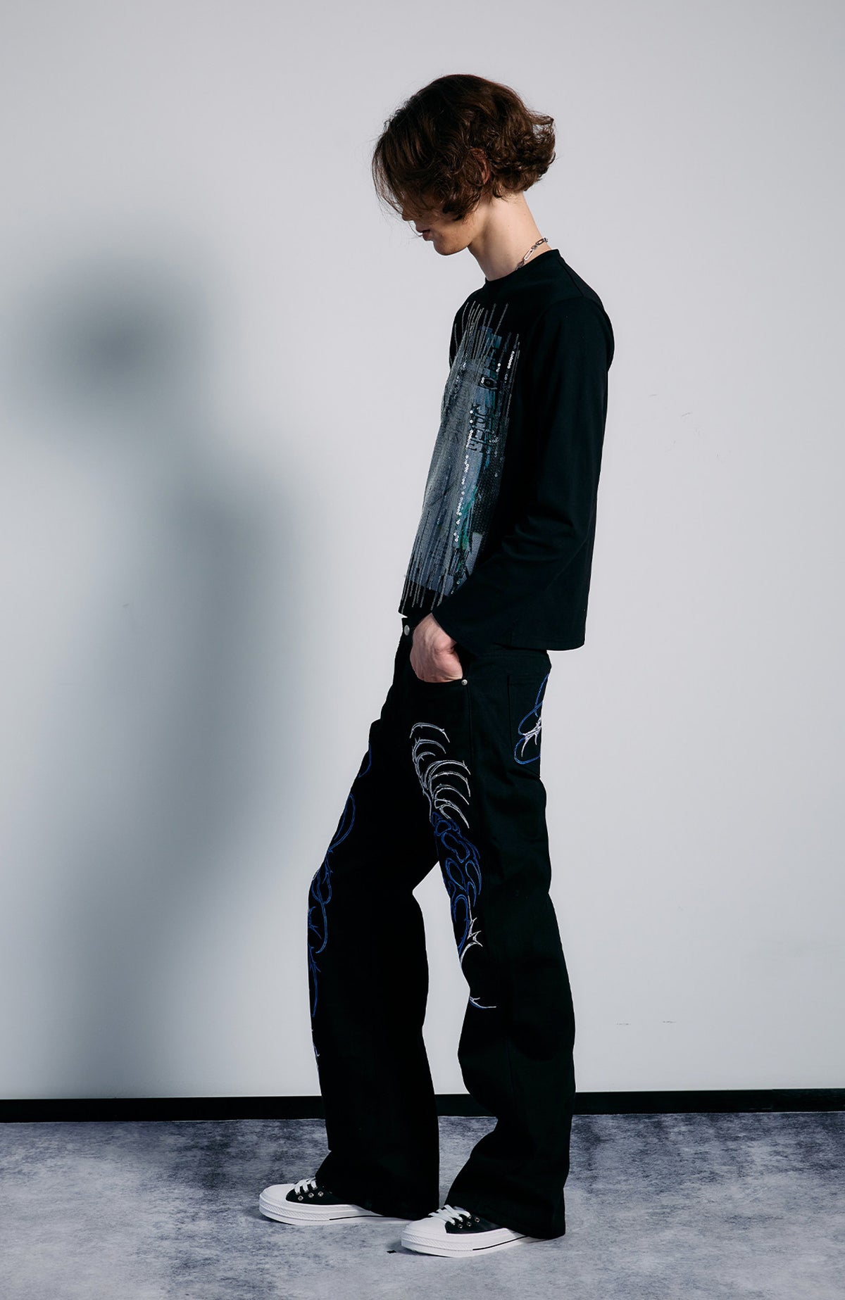 PAIKI Embroidered Thorn Floral Raw Selvedge Straight-Leg Jeans