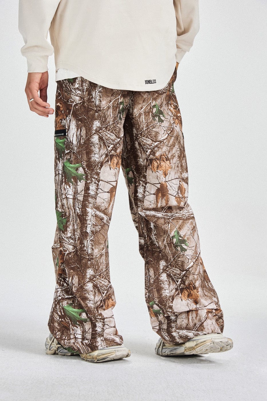 BONELESS Withered Leaves Crinkled Camo Cargo Pants, premium urban and streetwear designers apparel on PROJECTISR.com, BONELESS