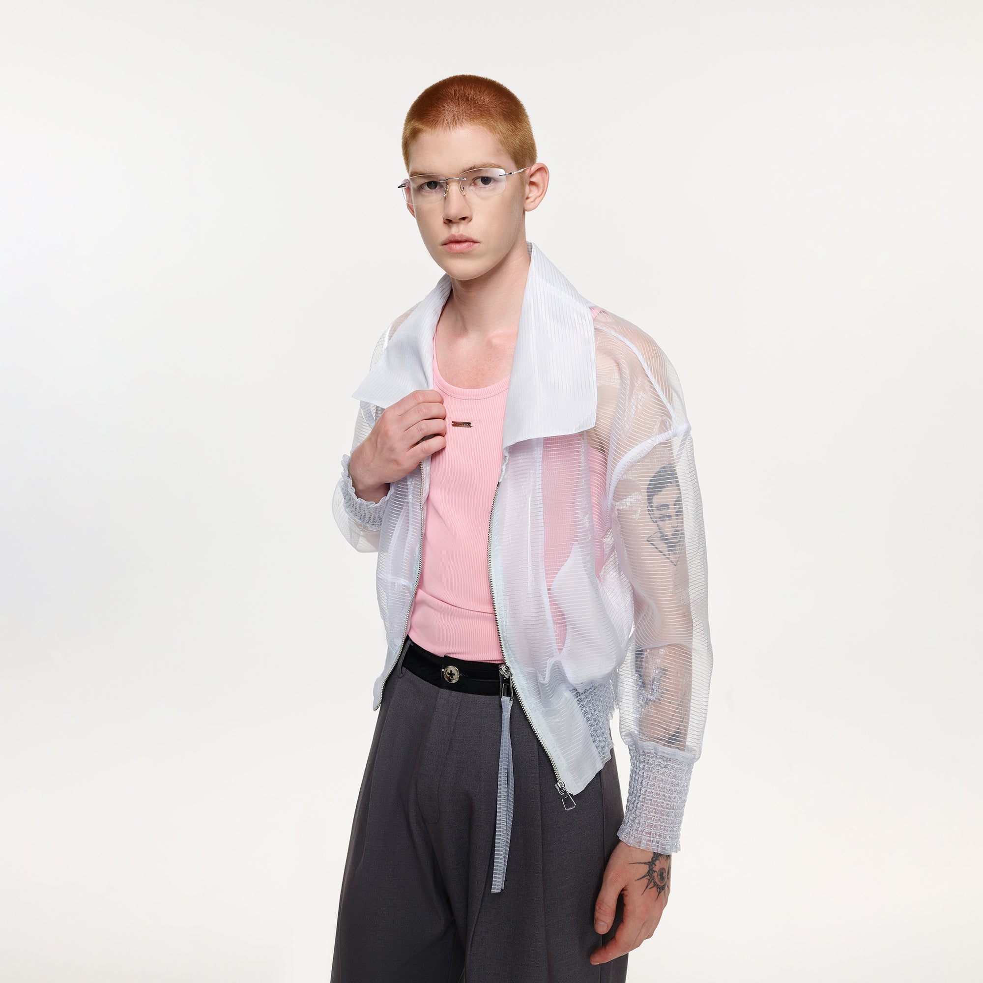 TIWILLTANG Sheer Zip-Up Cropped Jacket