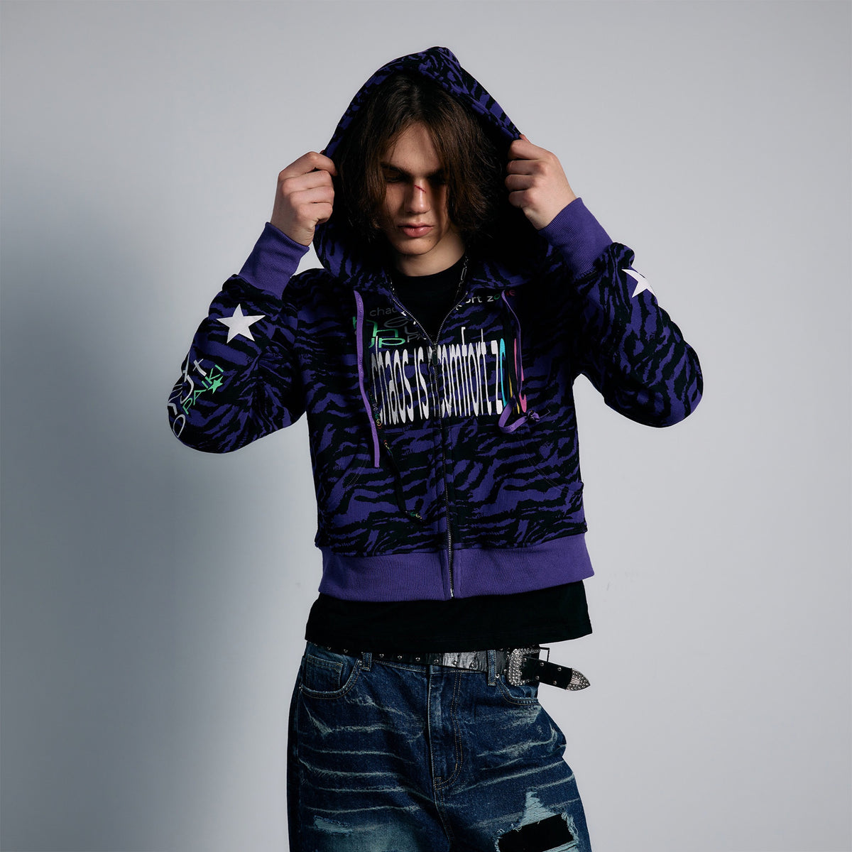 PAIKI Purple Tiger Graphic Zip-Up Hoodie