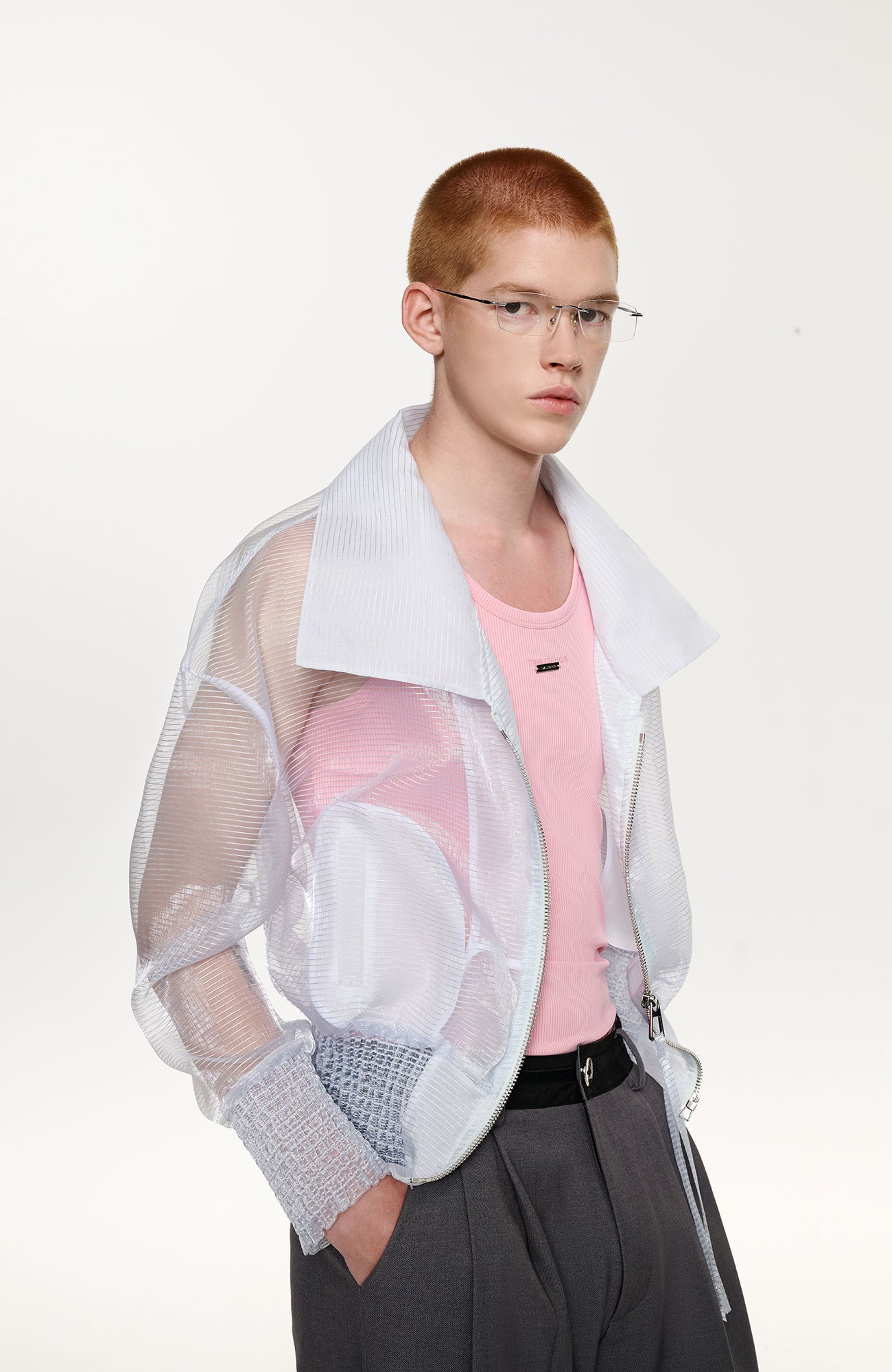 TIWILLTANG Sheer Zip-Up Cropped Jacket
