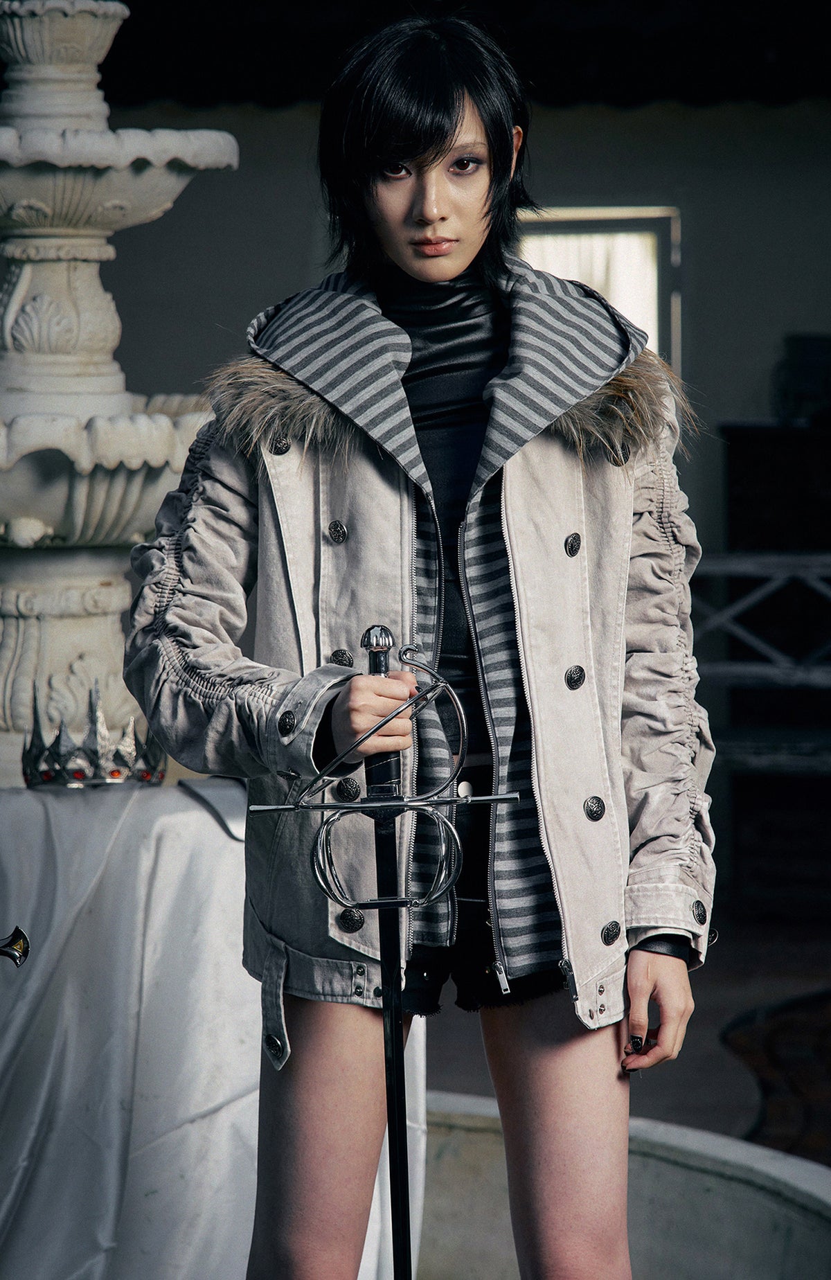 PAIKI Detachable Fur-Collar Canvas Double-Breasted Jacket