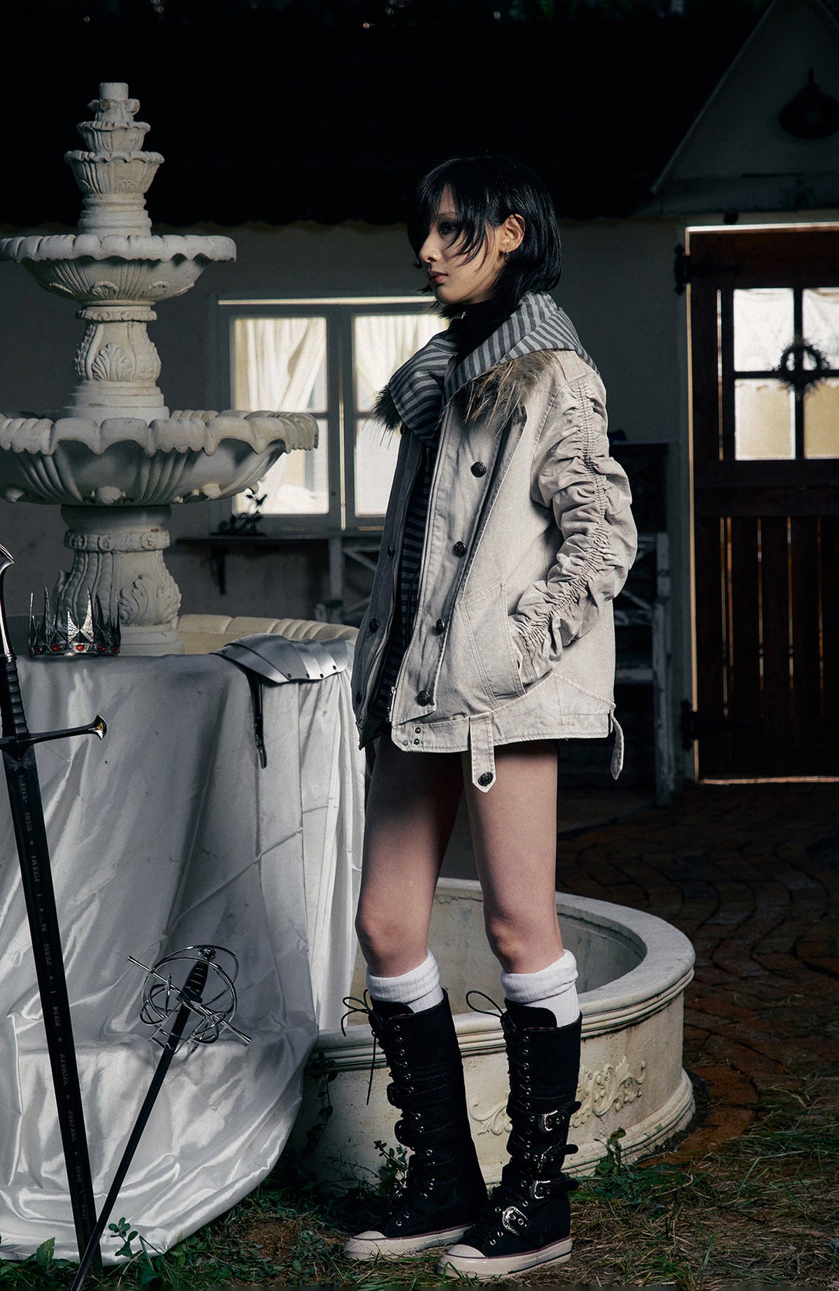 PAIKI Detachable Fur-Collar Canvas Double-Breasted Jacket