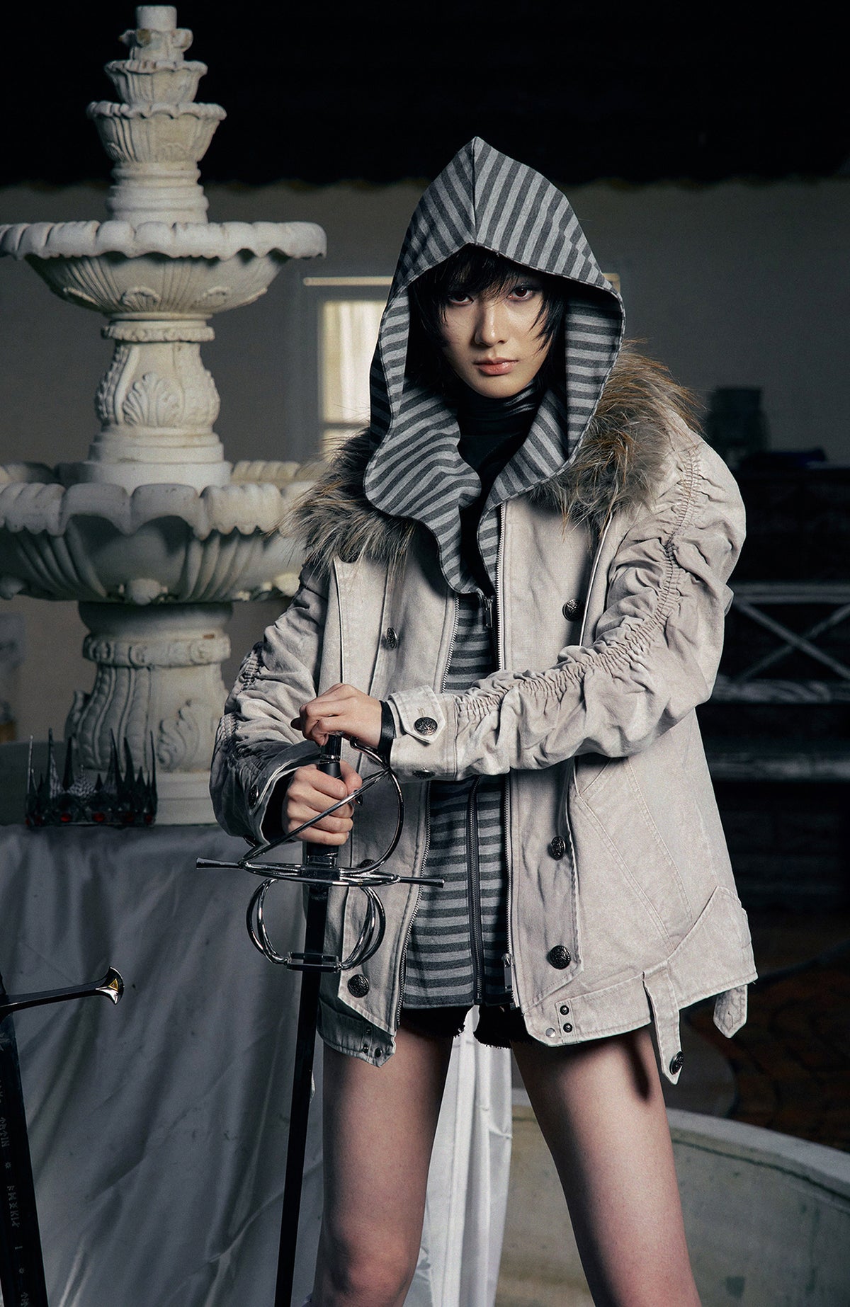 PAIKI Detachable Fur-Collar Canvas Double-Breasted Jacket