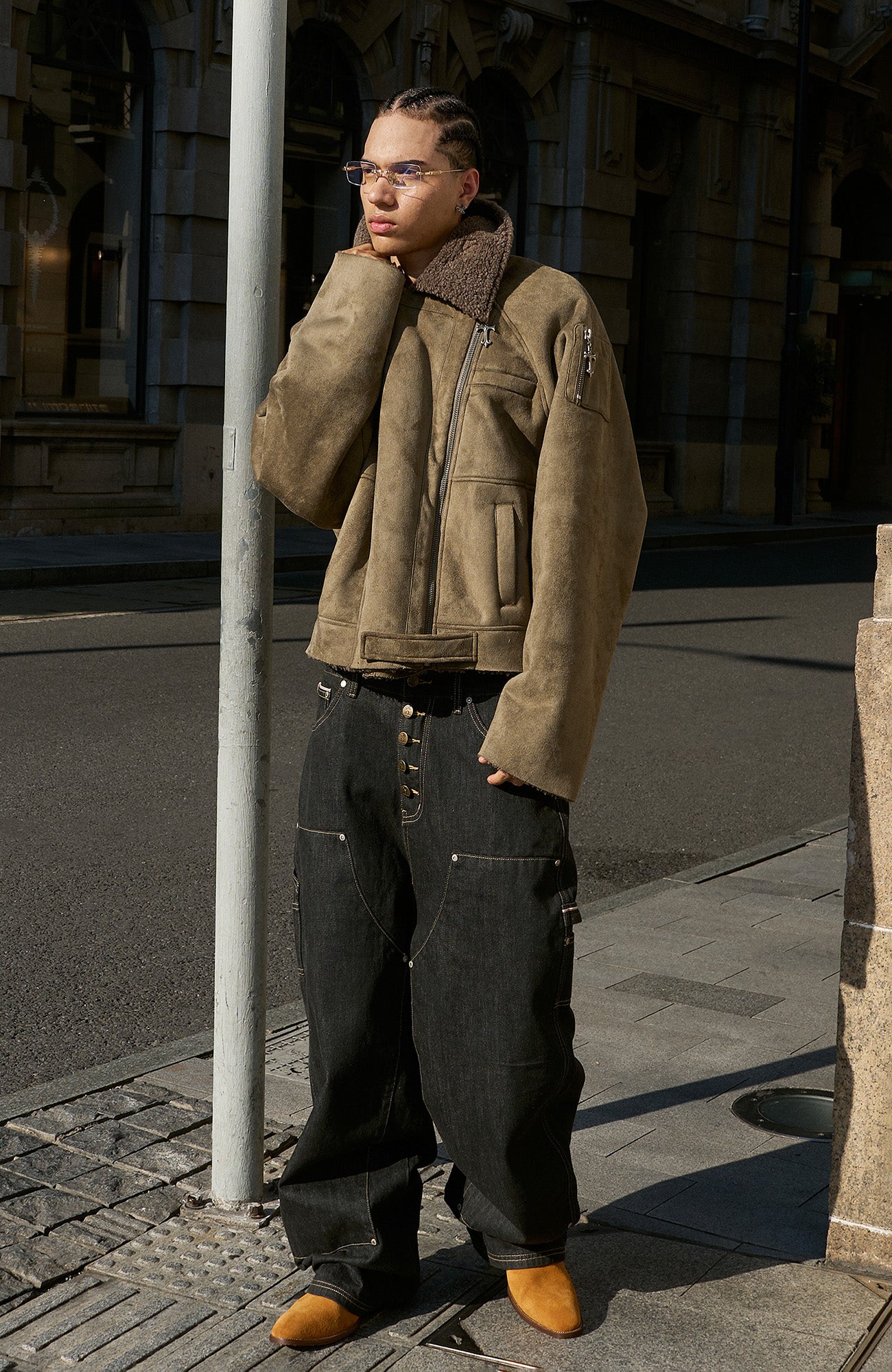 STEEPC Asym Zip Suede Shearling Jacket