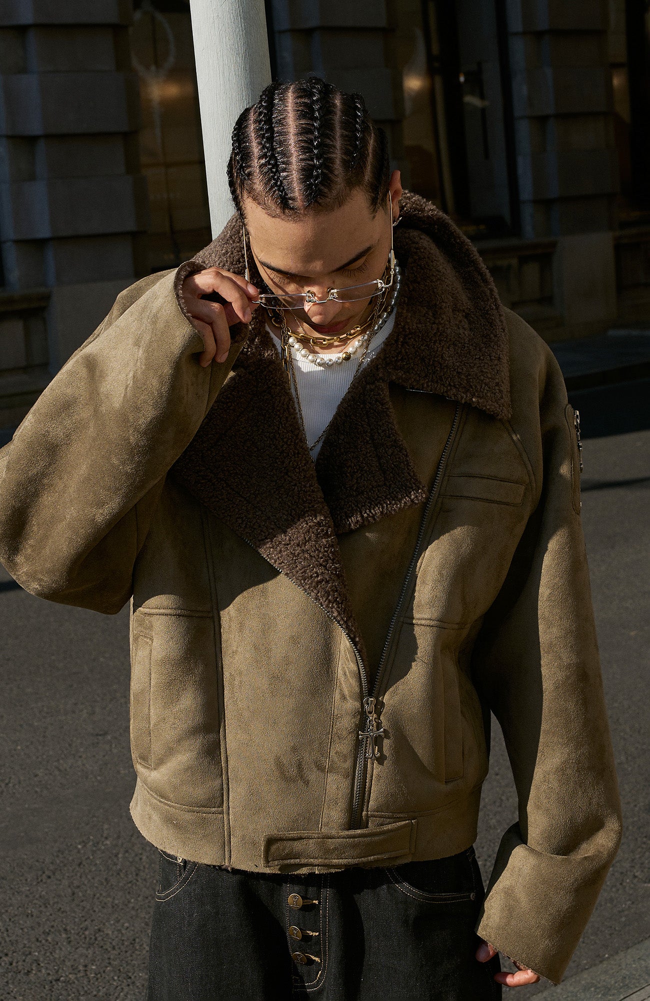 STEEPC Asym Zip Suede Shearling Jacket