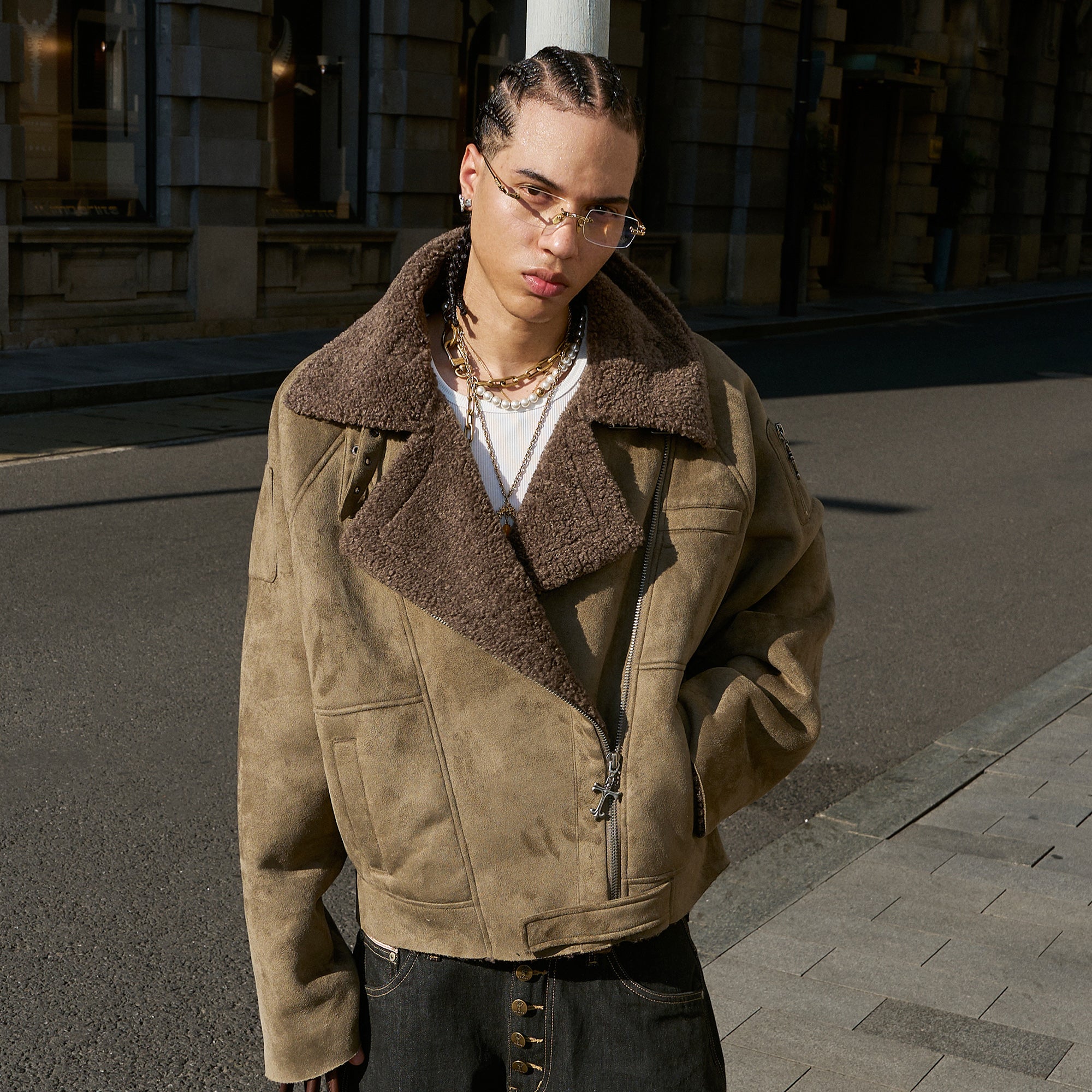 STEEPC Asym Zip Suede Shearling Jacket