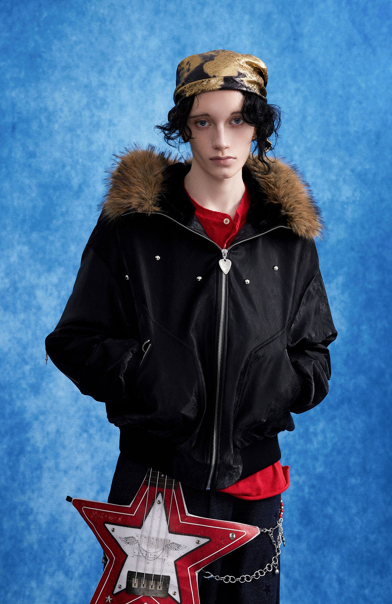 OIPWORD Studded Convertible Hood PU Puffer Jacket