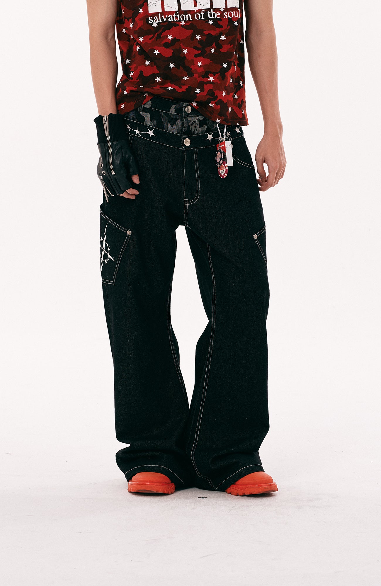 PASET Camo Double Waist Embroidered Jeans