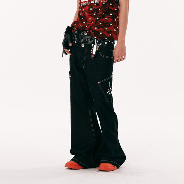 PASET Camo Double Waist Embroidered Jeans