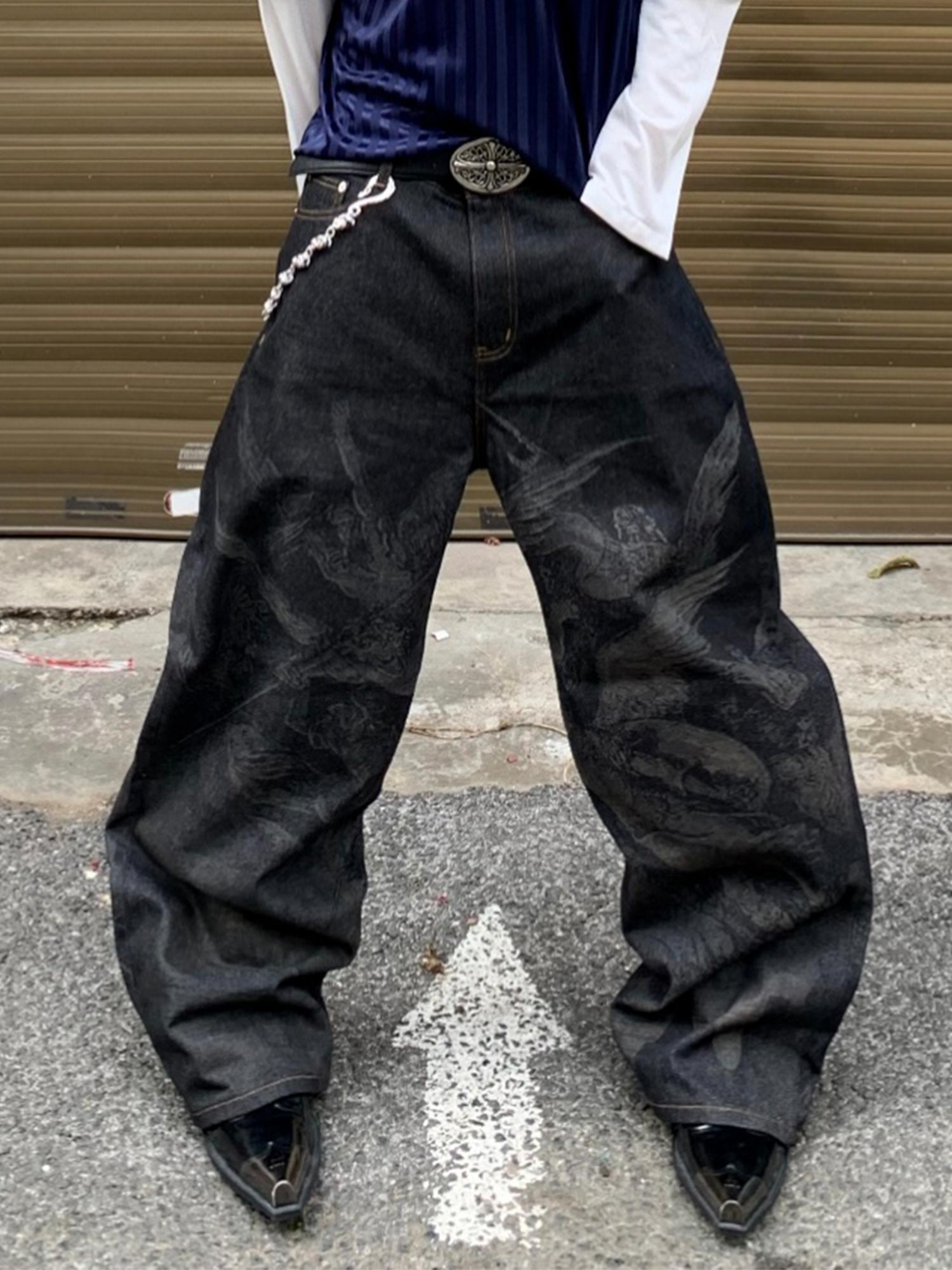 WANNA LAB Laser-Burned Studded Baggy Jeans