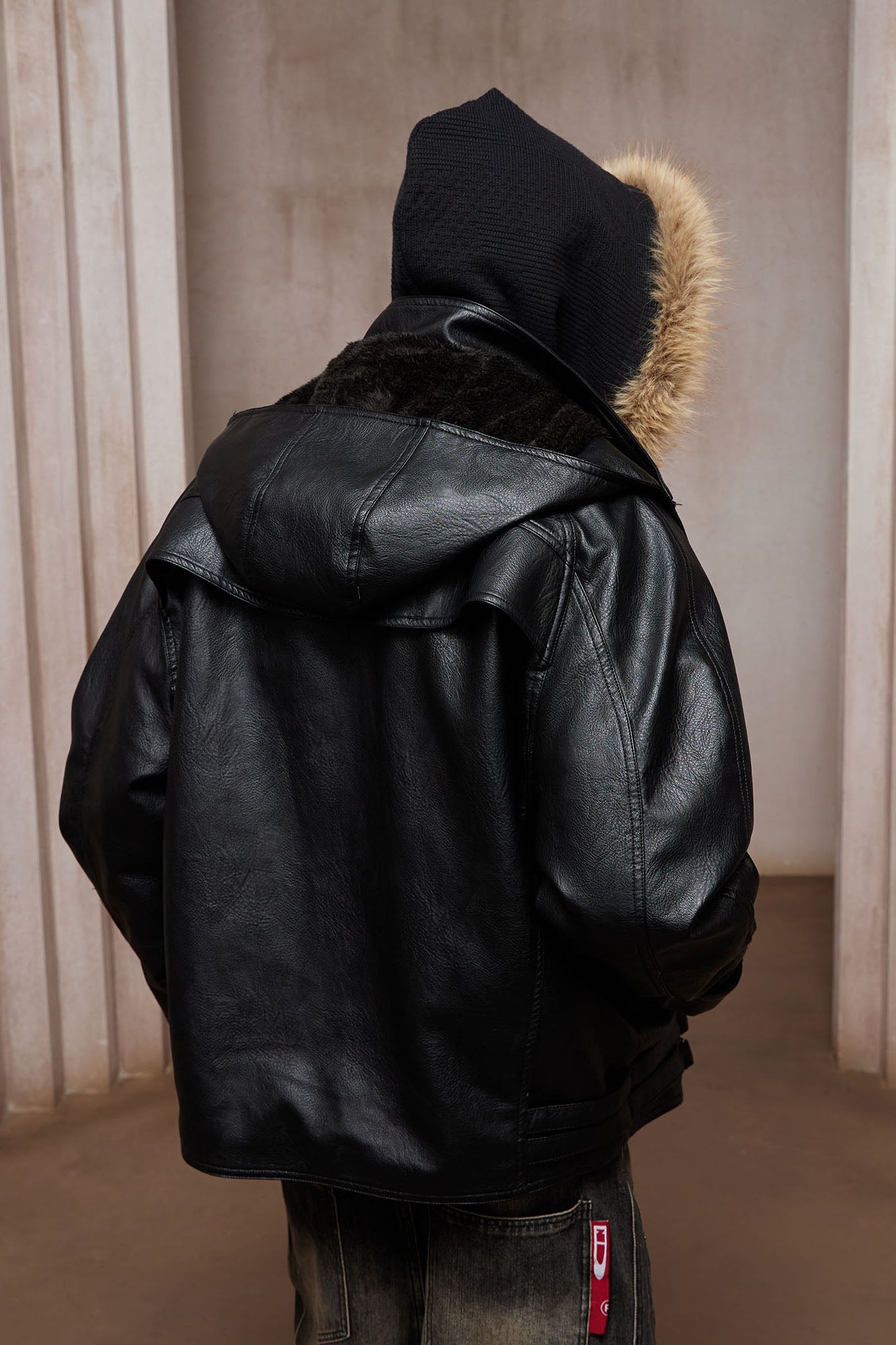 DND4DES Retro Buckle Faux Leather Hooded Jacket