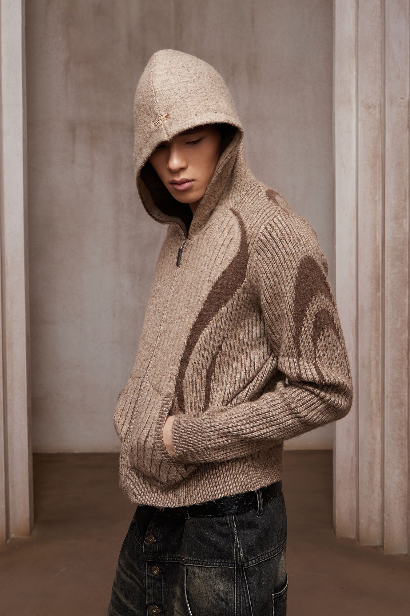 DND4DES Contrast Wool-Blend Hooded Zip Cardigan