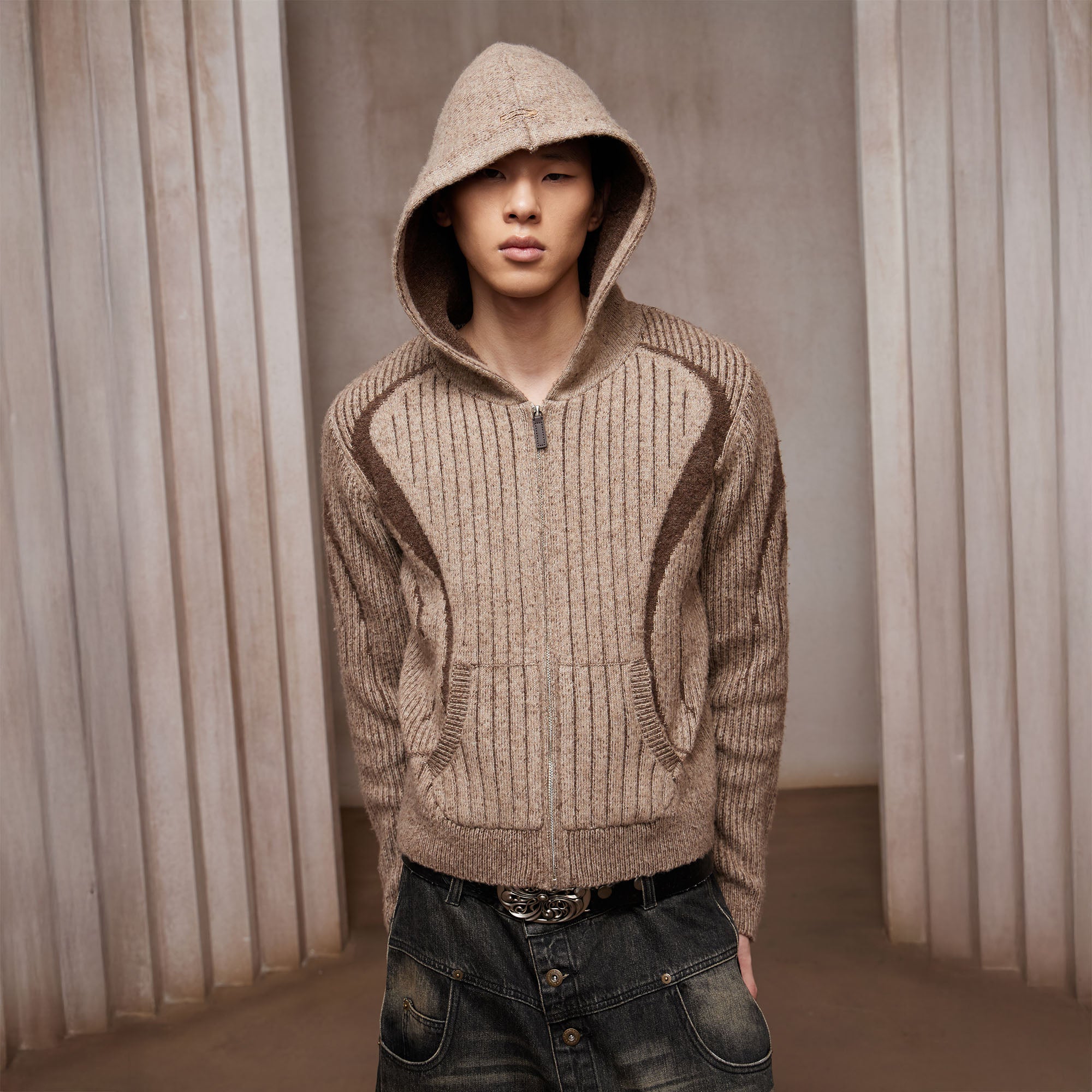 DND4DES Contrast Wool-Blend Hooded Zip Cardigan