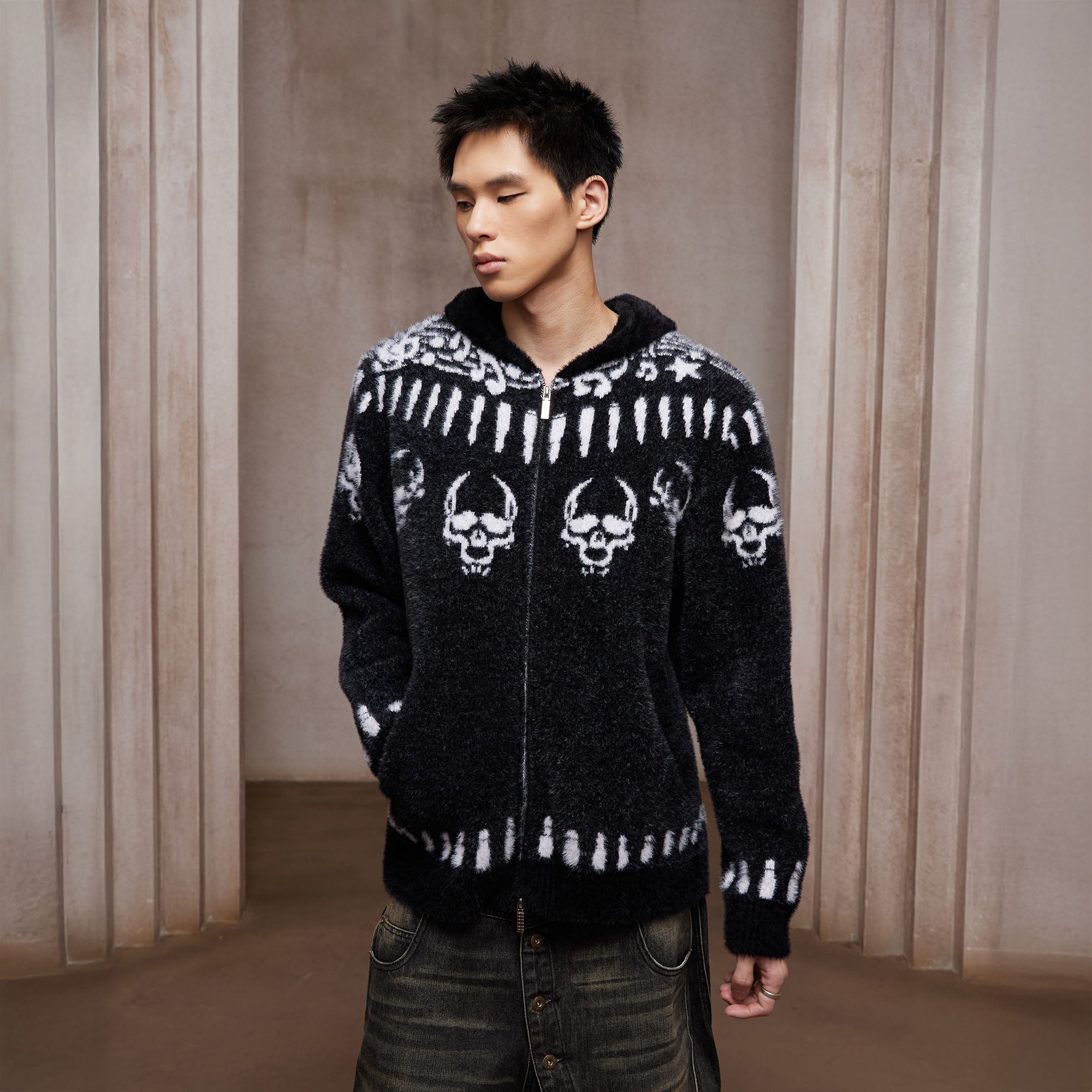 DND4DES Faux Mink Skull Jacquard Hooded Jacket