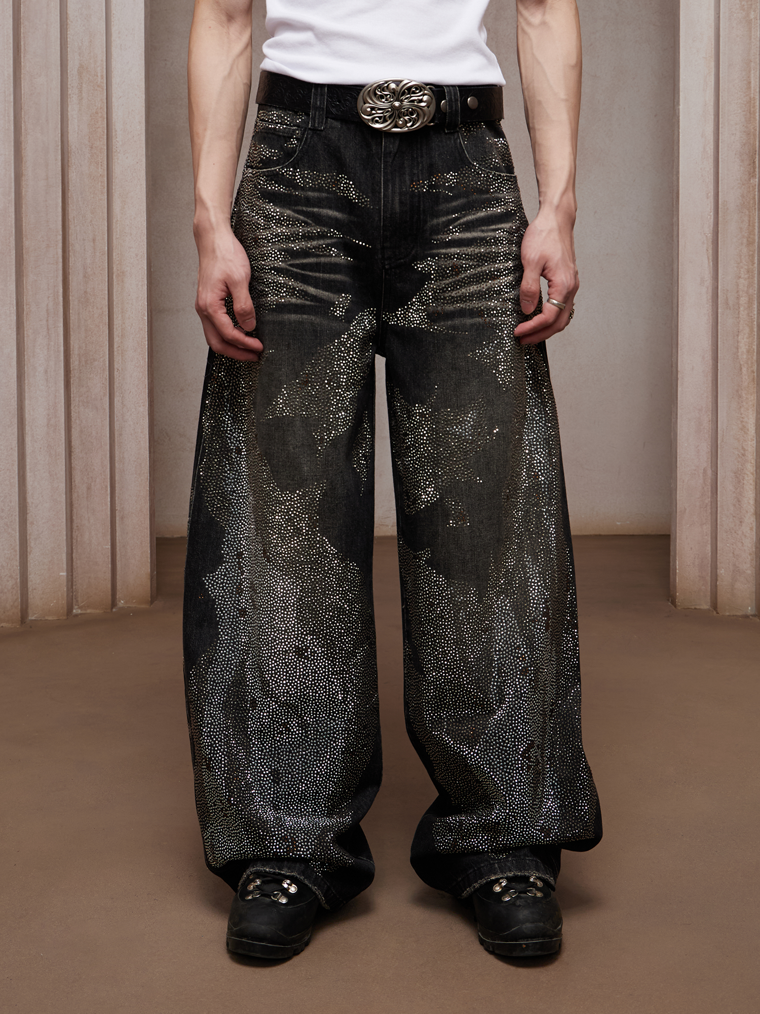 DND4DES Dirty-Washed Diamond Wide-Leg Jeans Black