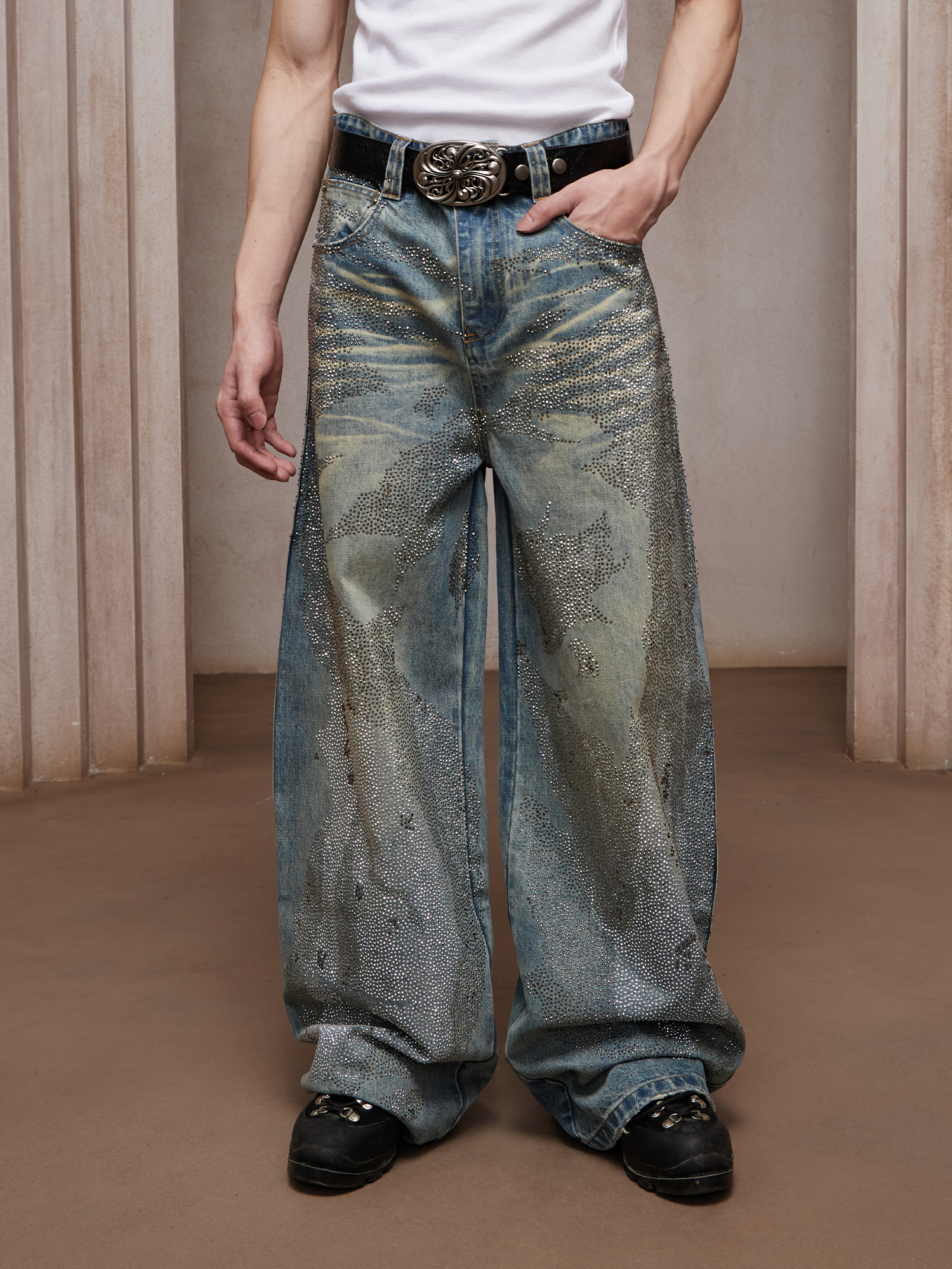 DND4DES Dirty-Washed Diamond Wide-Leg Jeans Blue