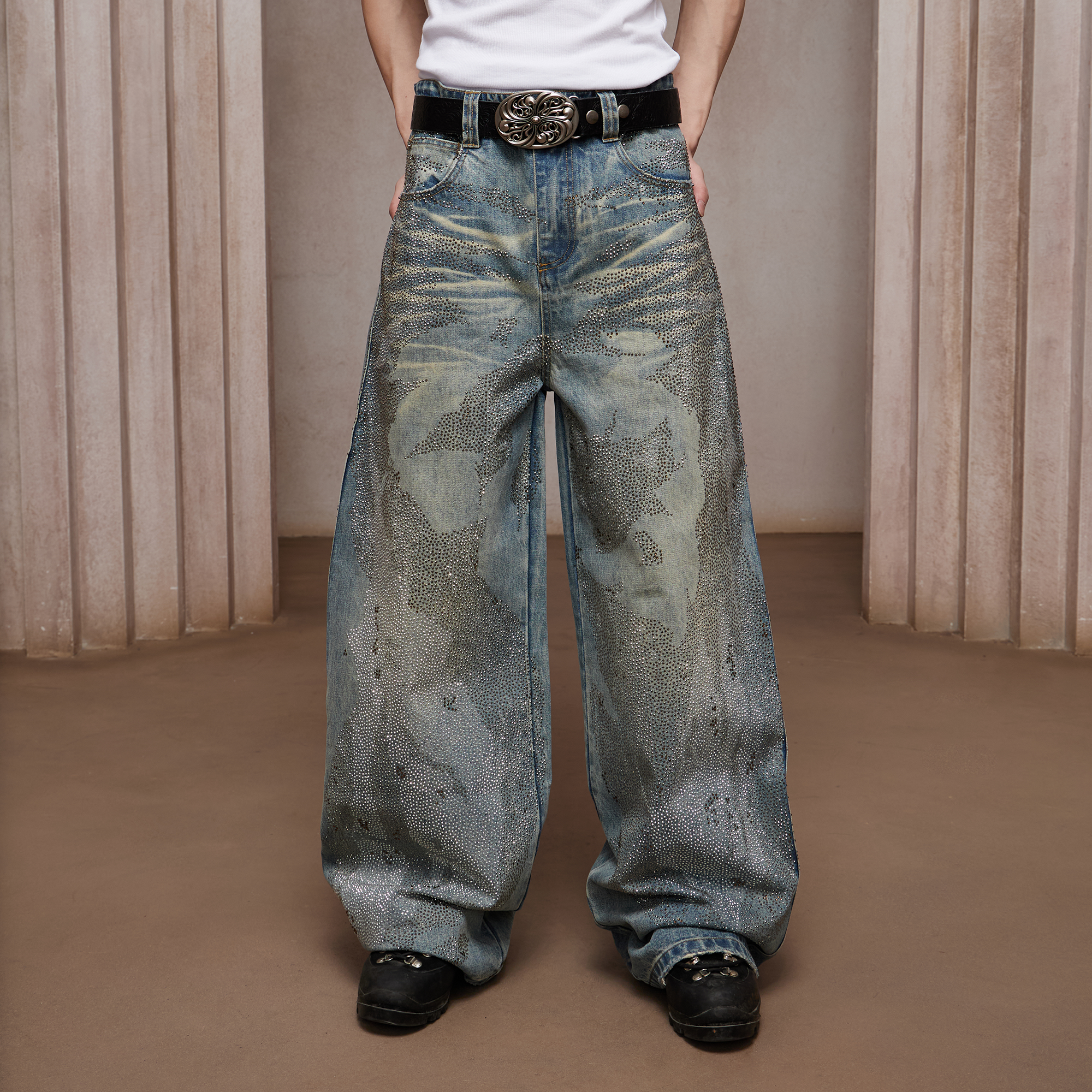 DND4DES Dirty-Washed Diamond Wide-Leg Jeans Blue