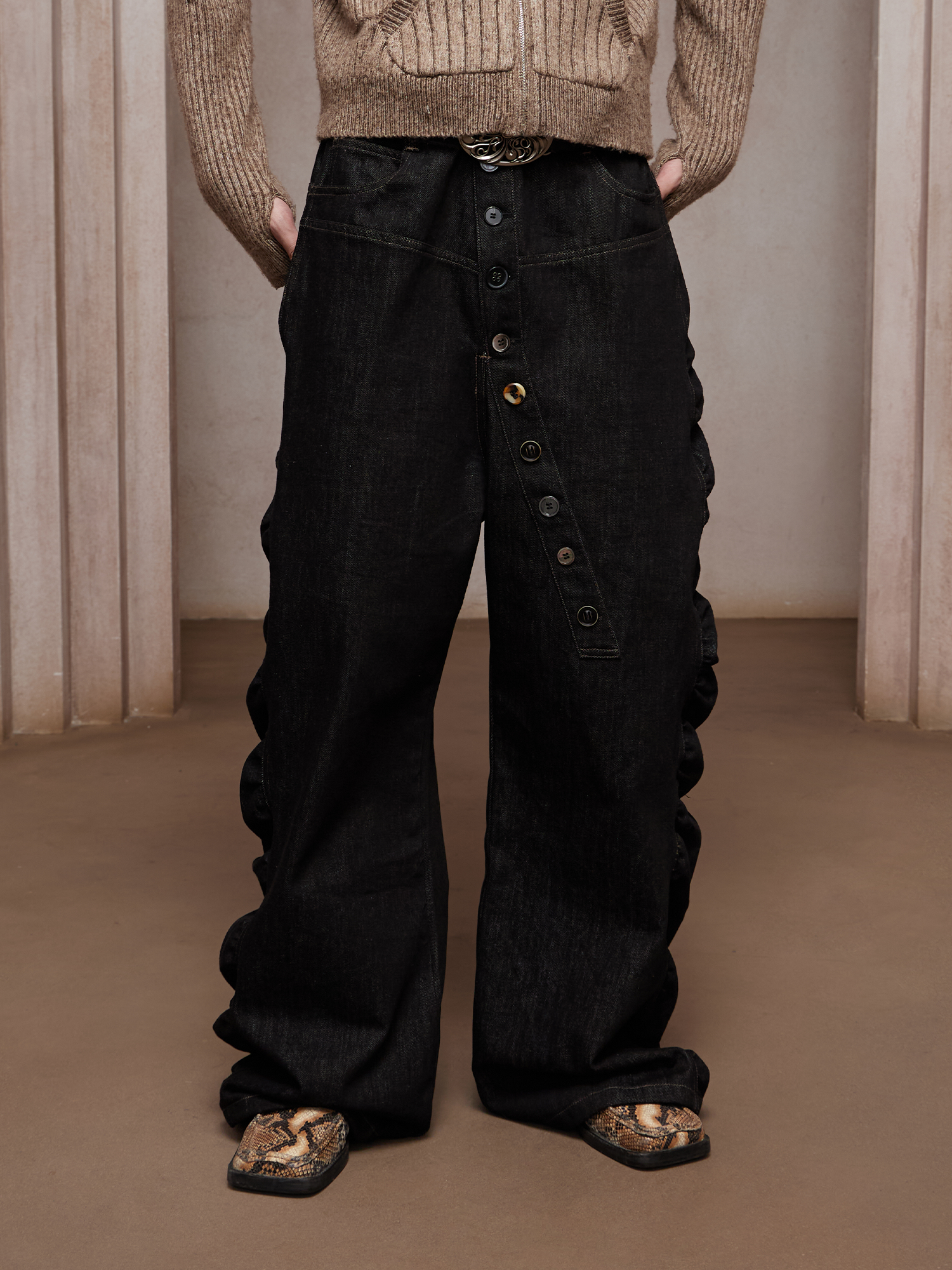 DND4DES Asym Button-Fly Ruched Baggy Jeans