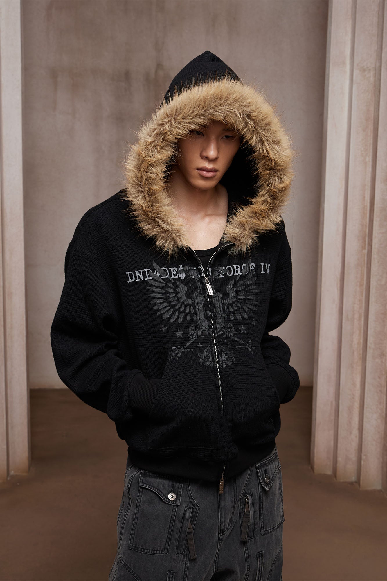 DND4DES Detachable Faux Fur Trim Hooded Jacket