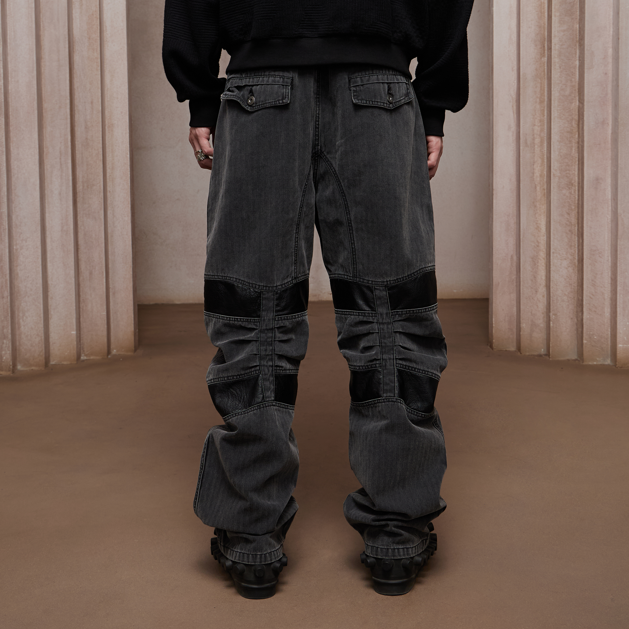 DND4DES Washed Paneled Strap-Tacked Jeans